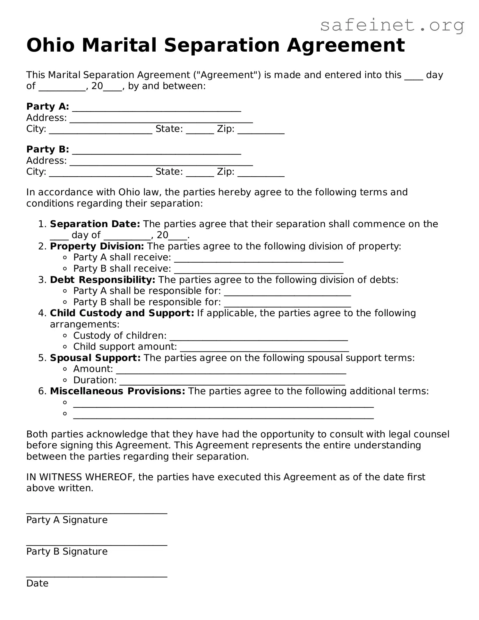 Valid Marital Separation Agreement Template for the State of Ohio
