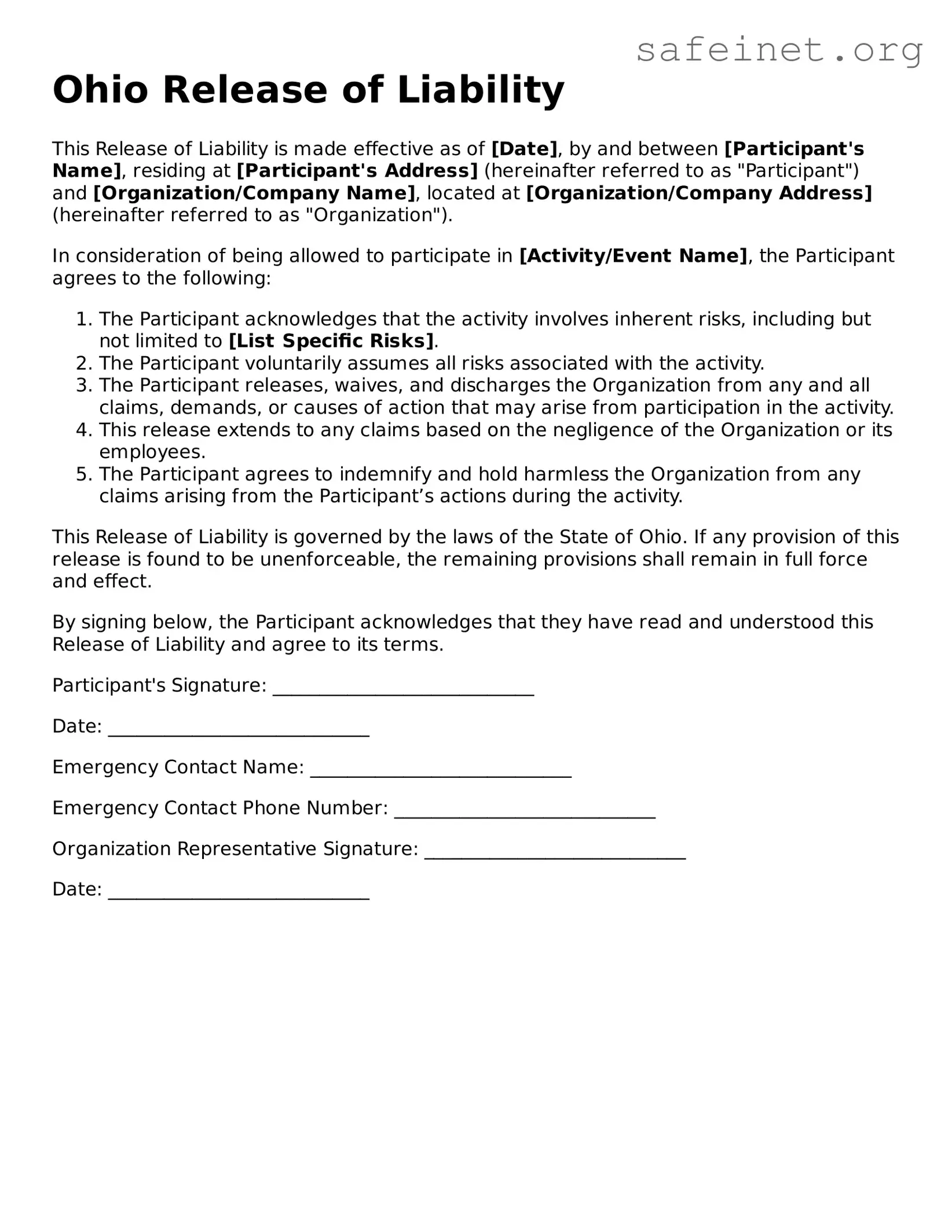 Valid Release of Liability Template for the State of Ohio