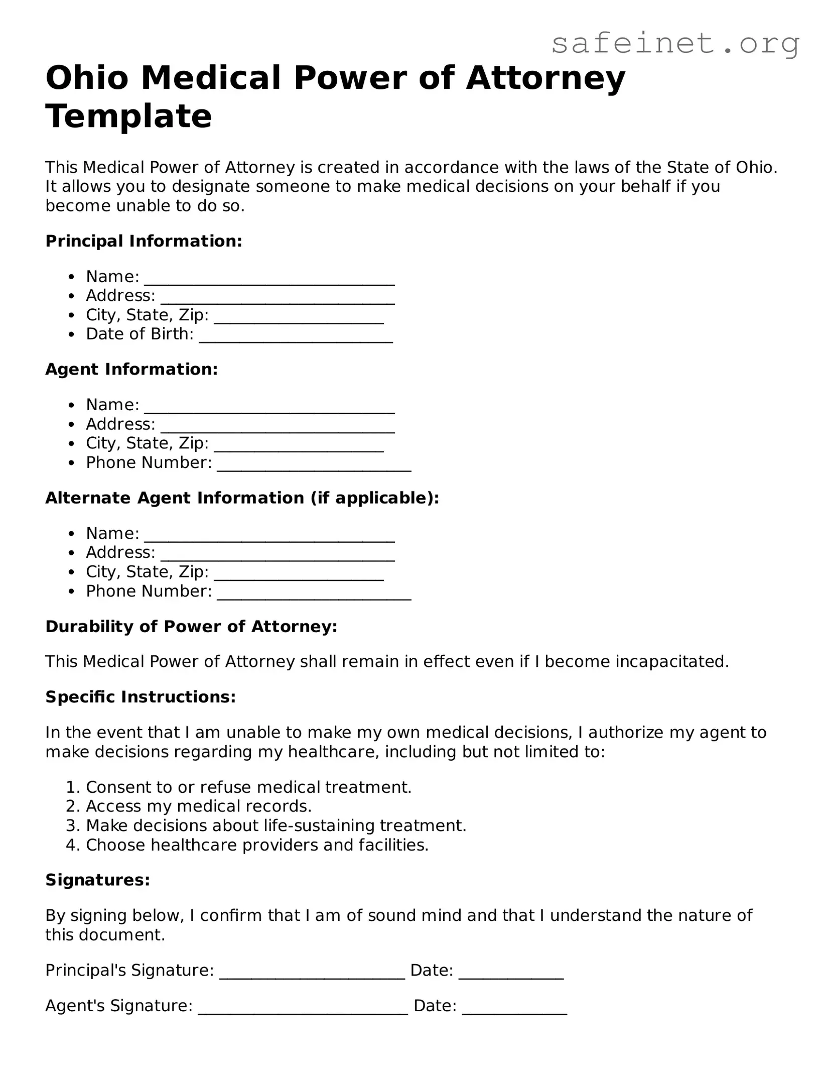 Valid Medical Power of Attorney Template for the State of Ohio
