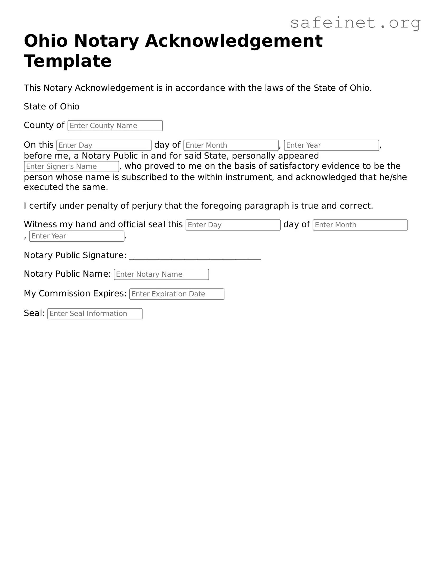 Valid Notary Acknowledgement Template for the State of Ohio
