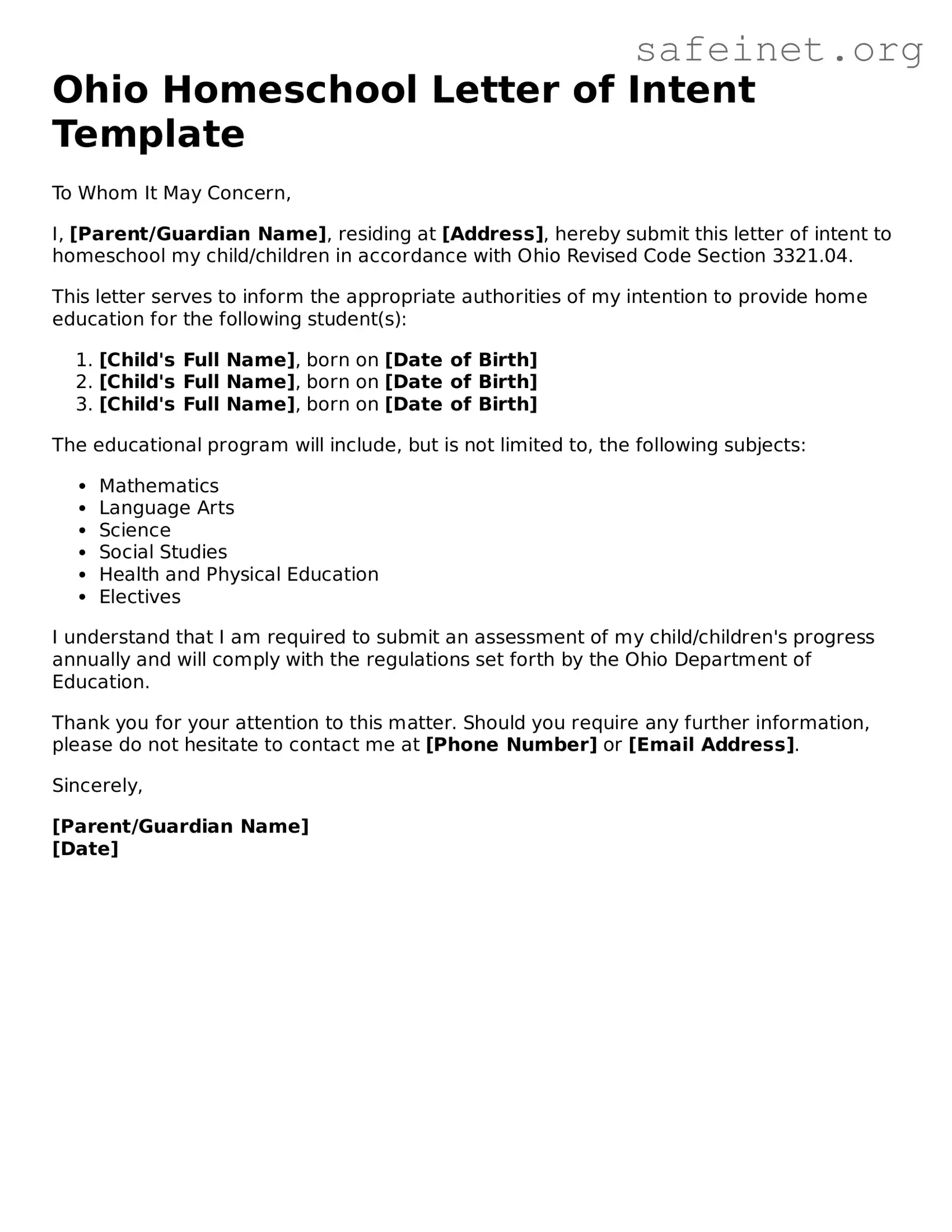 Valid Homeschool Letter of Intent Template for the State of Ohio