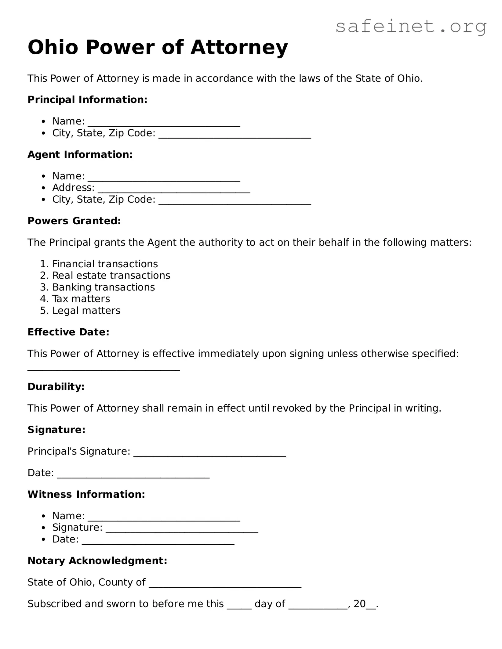 Valid Power of Attorney Template for the State of Ohio