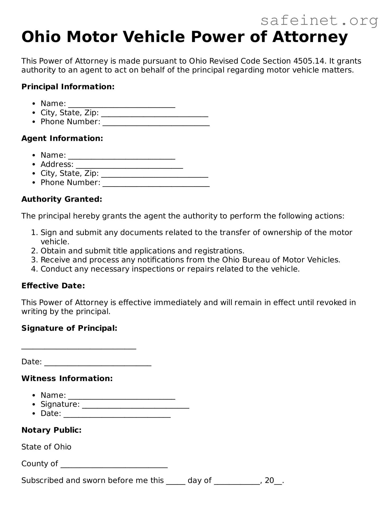 Valid Motor Vehicle Power of Attorney Template for the State of Ohio