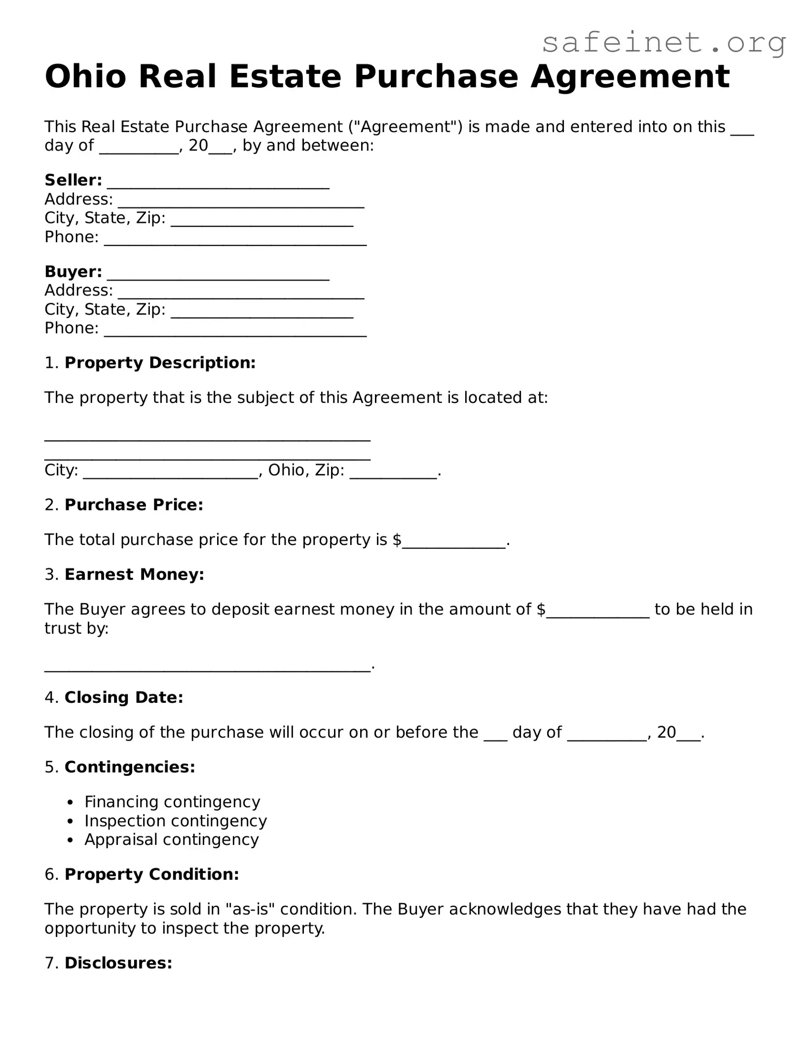 Valid Real Estate Purchase Agreement Template for the State of Ohio