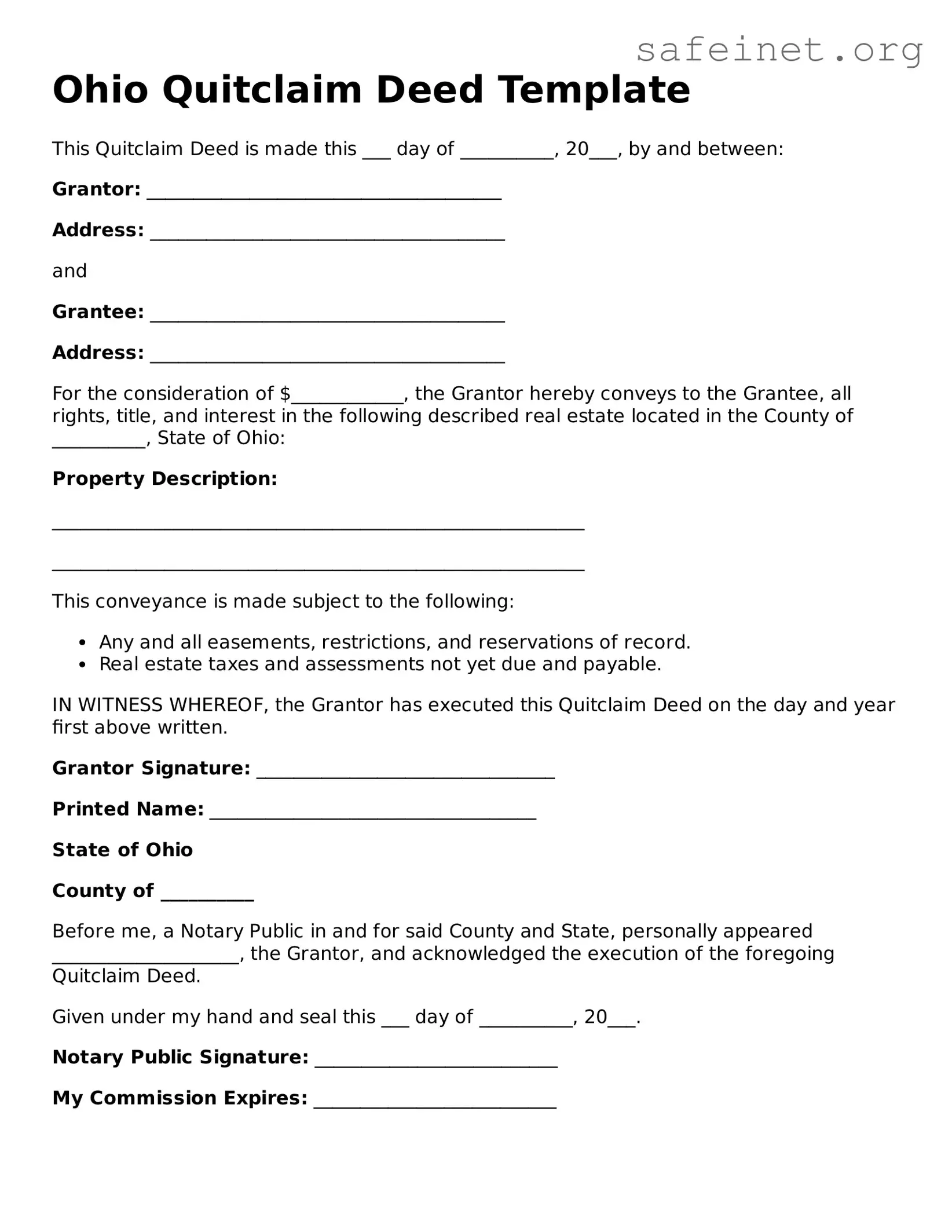 Valid Quitclaim Deed Template for the State of Ohio