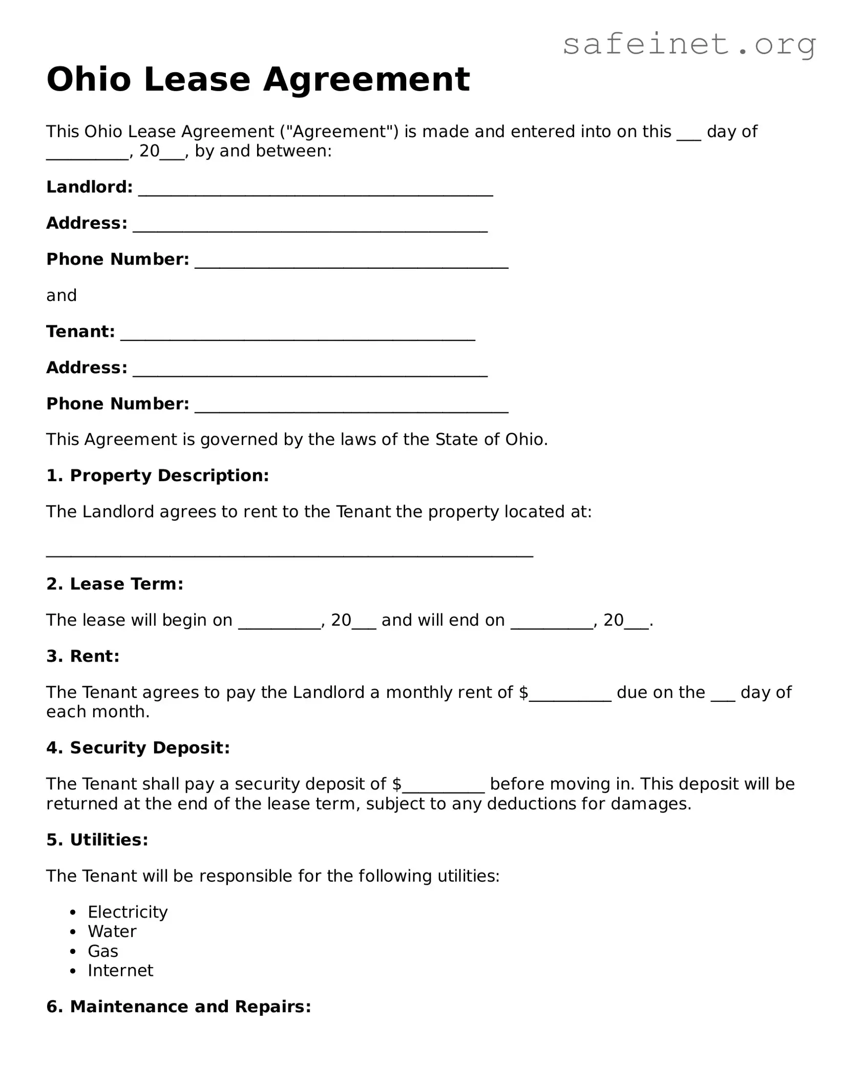 Valid Lease Agreement Template for the State of Ohio