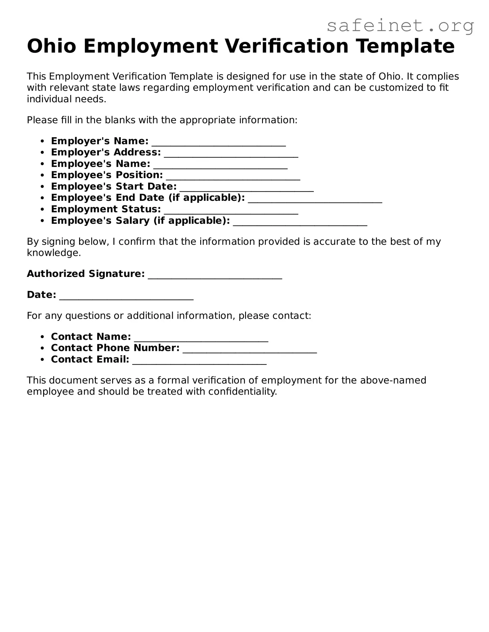 Valid Employment Verification Template for the State of Ohio