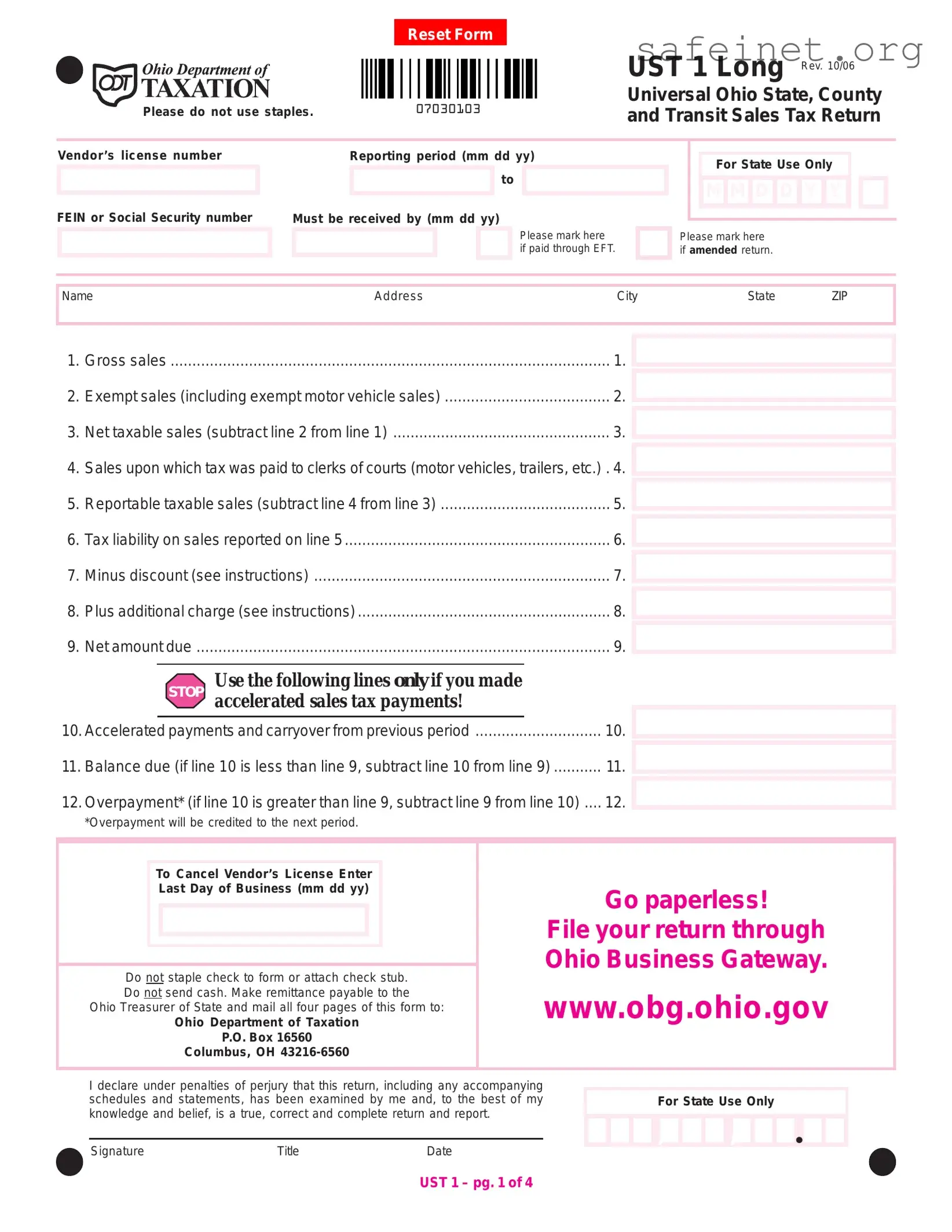 Blank Ohio Sales Tax Ust 1 Template