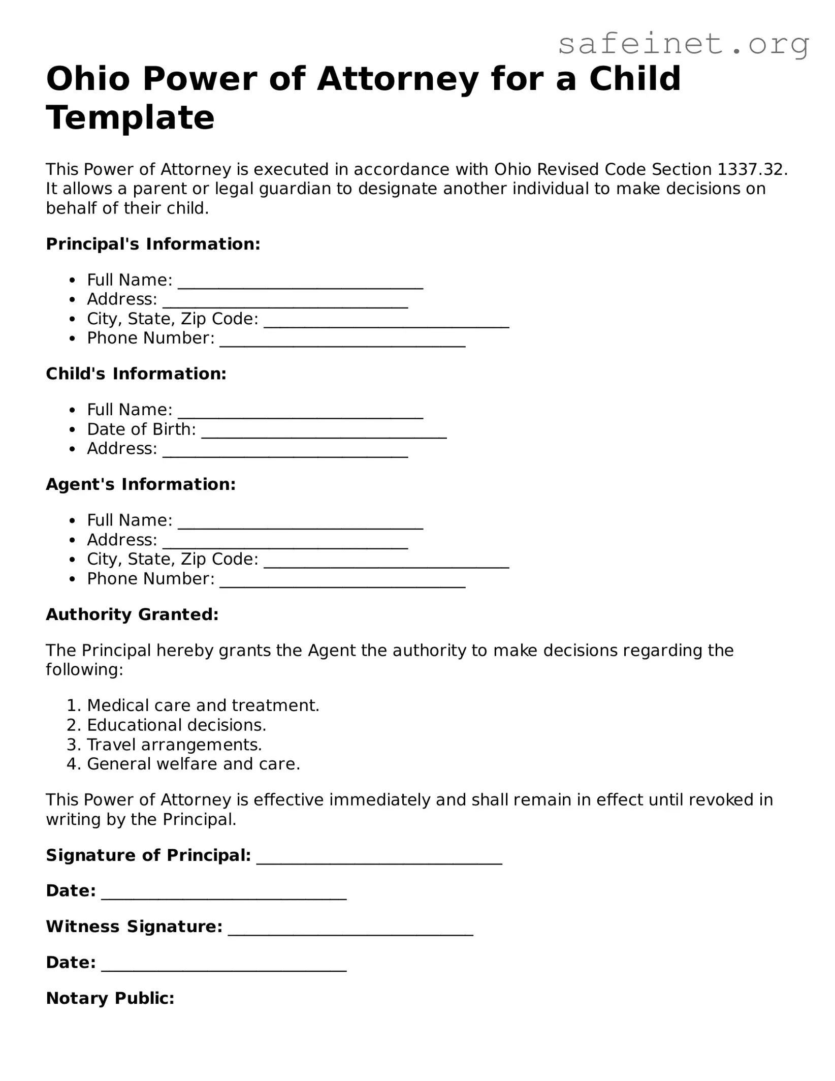 Valid Power of Attorney for a Child Template for the State of Ohio
