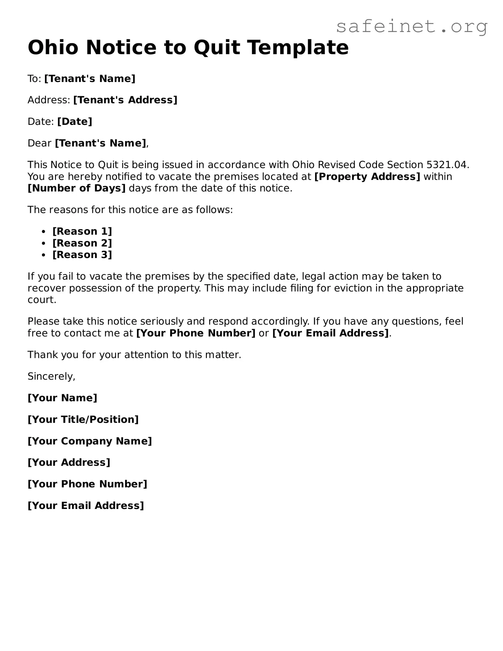 Valid Notice to Quit Template for the State of Ohio