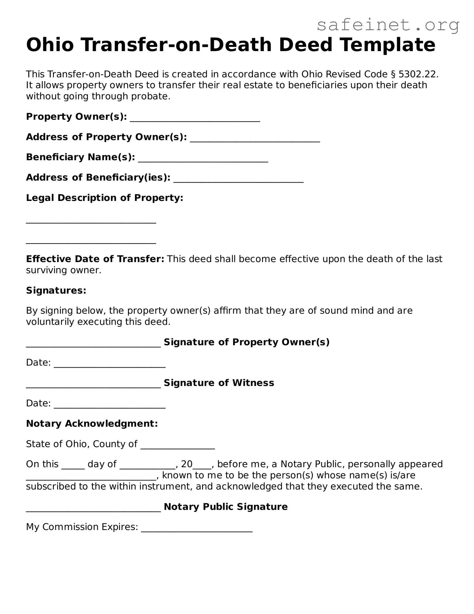 Valid Transfer-on-Death Deed Template for the State of Ohio