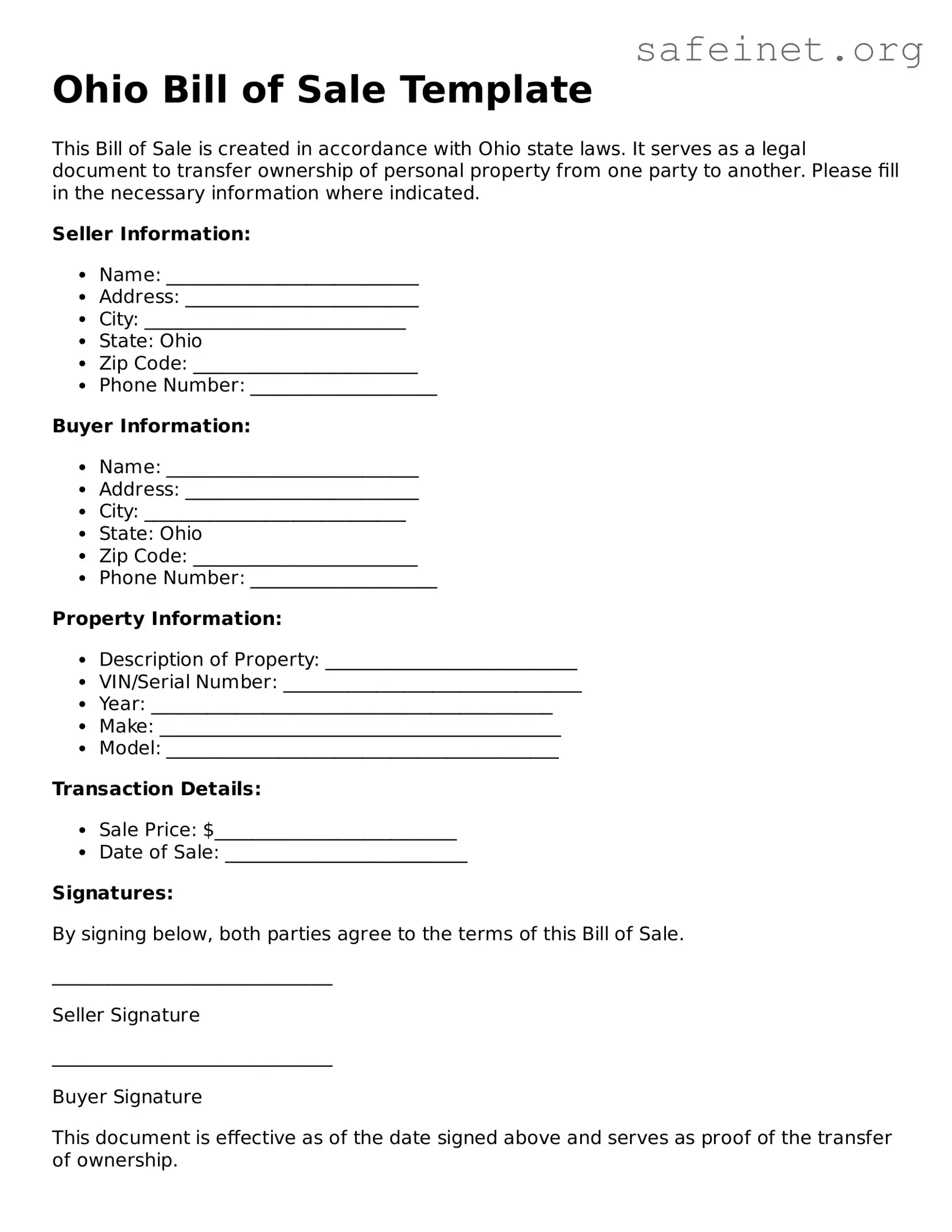 Valid Bill of Sale Template for the State of Ohio