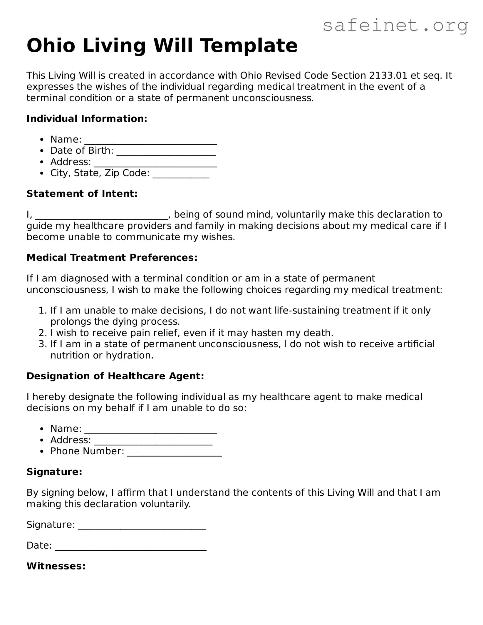 Valid Living Will Template for the State of Ohio