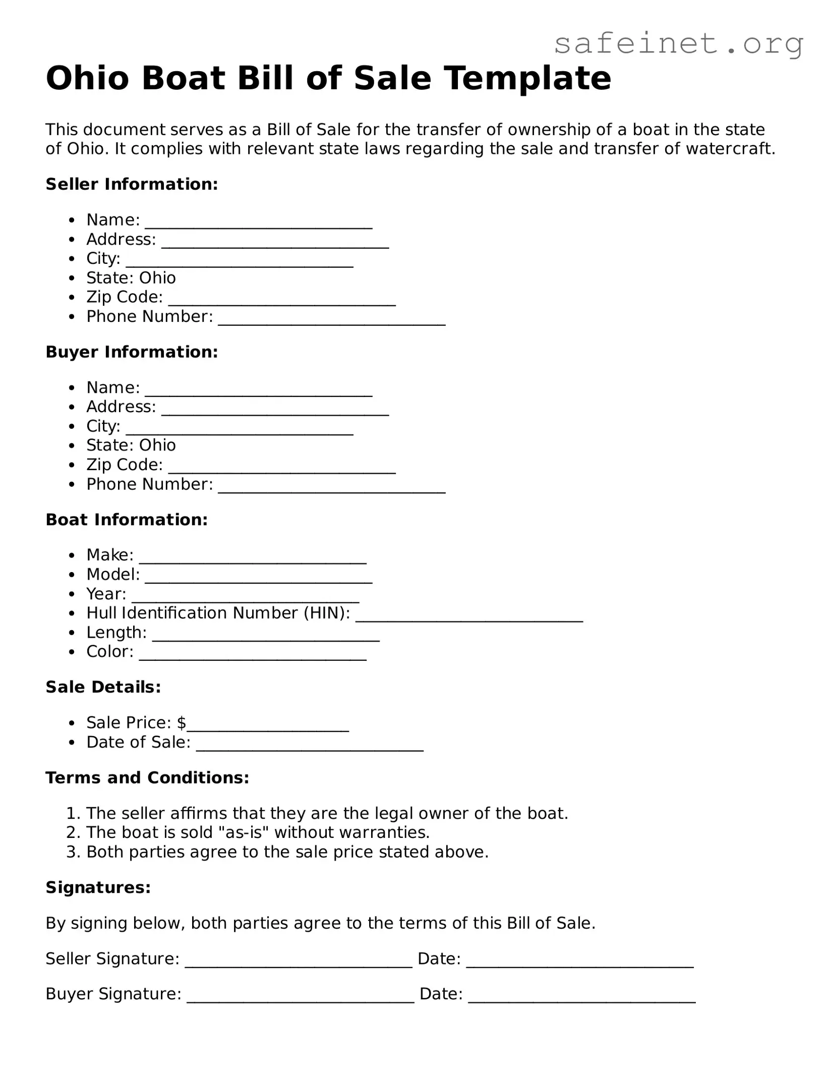 Valid Boat Bill of Sale Template for the State of Ohio
