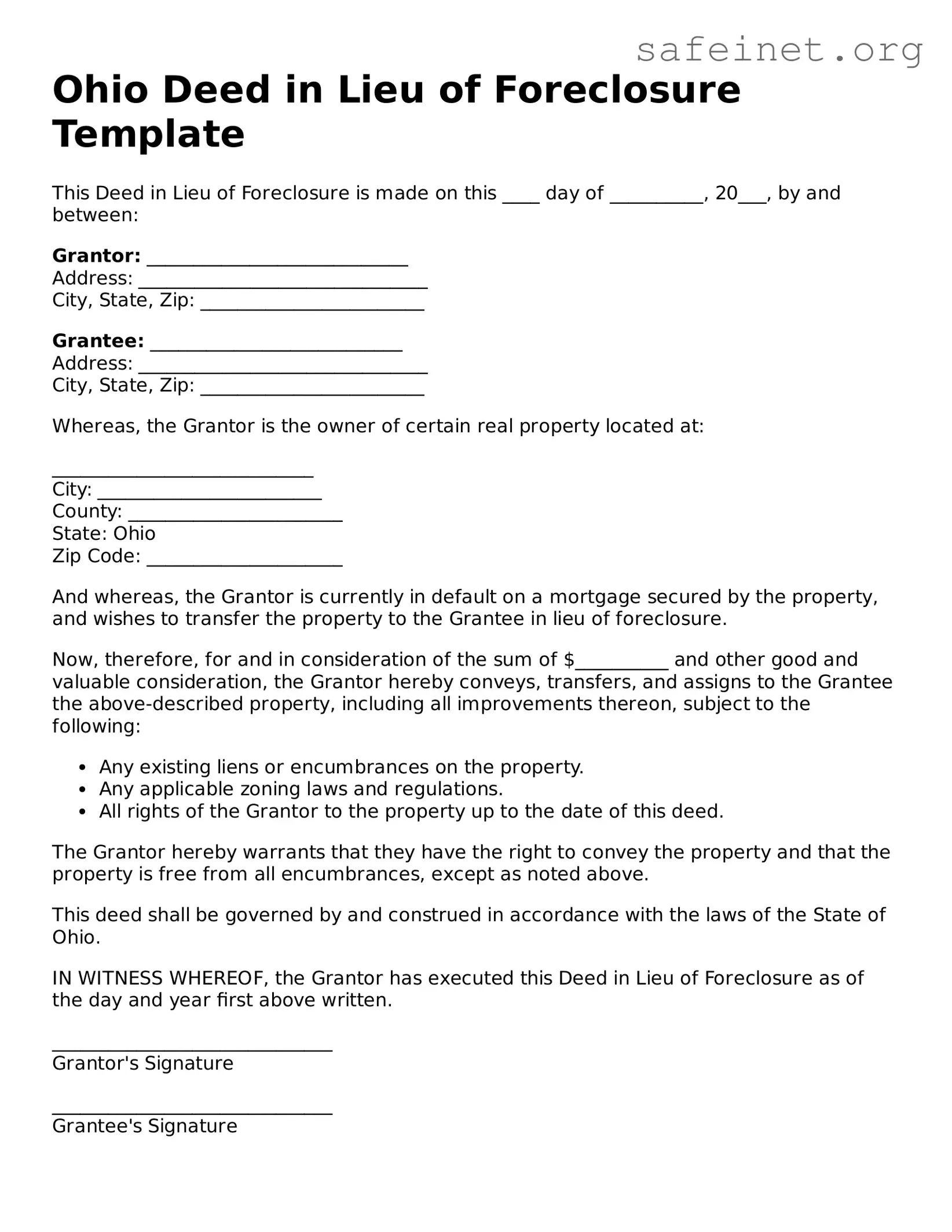 Valid Deed in Lieu of Foreclosure Template for the State of Ohio