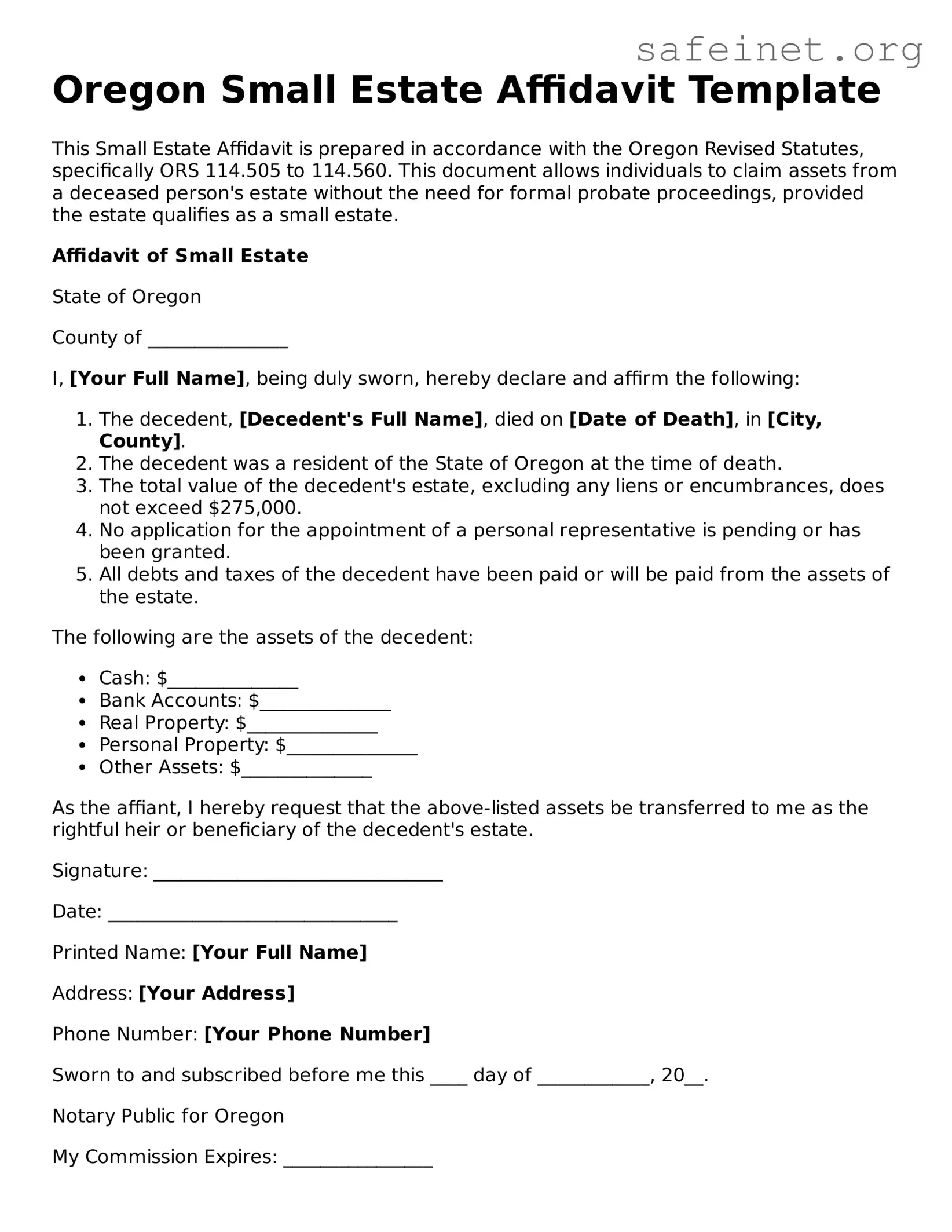 Valid Small Estate Affidavit Template for the State of Oregon