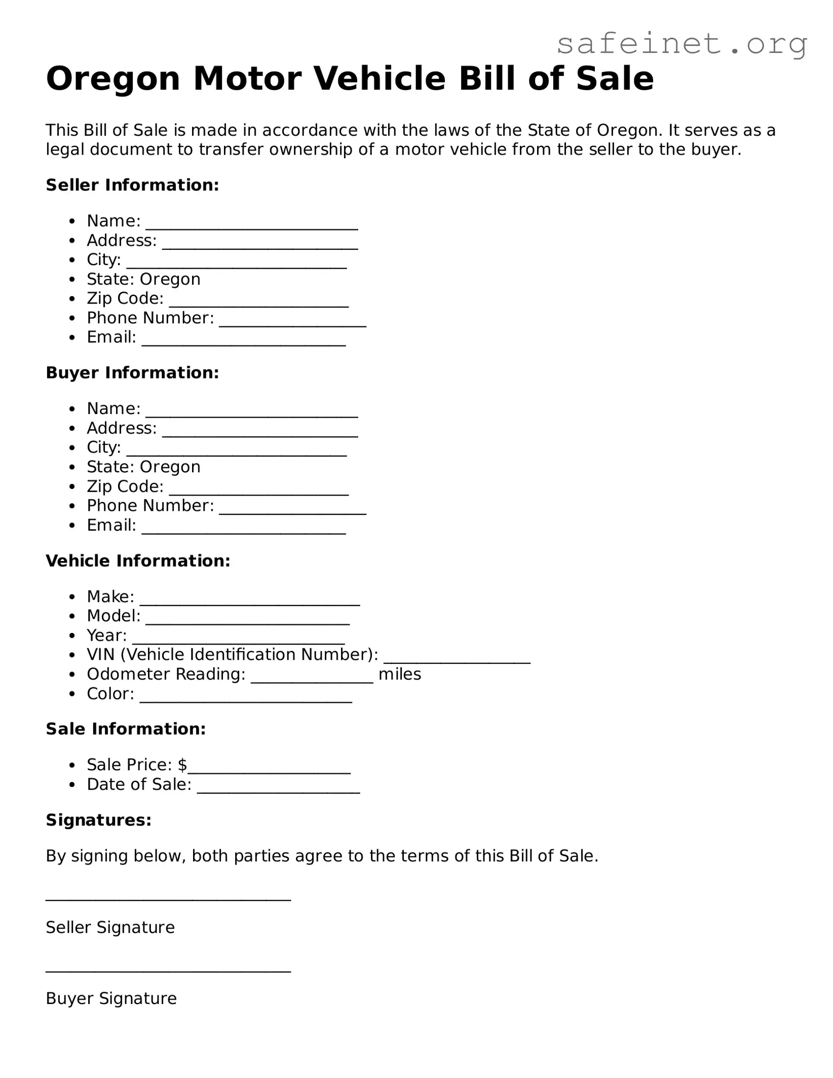 Valid Motor Vehicle Bill of Sale Template for the State of Oregon