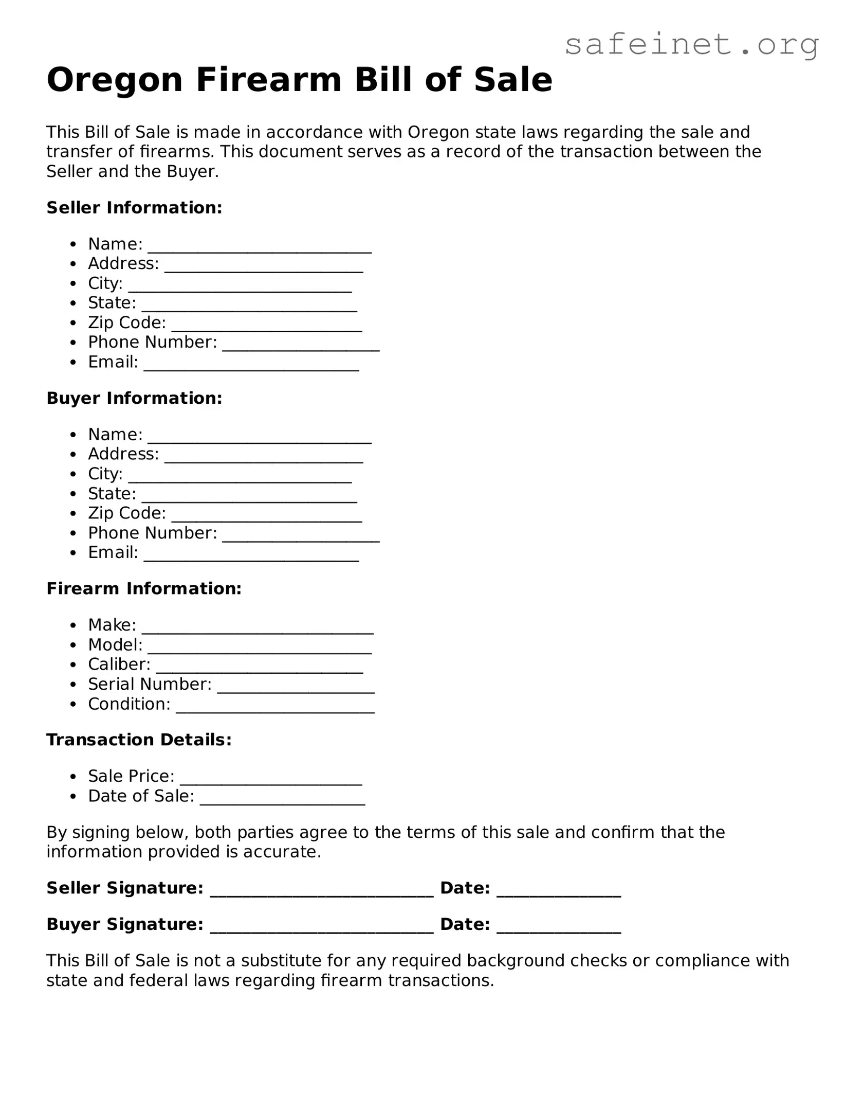 Valid Firearm Bill of Sale Template for the State of Oregon