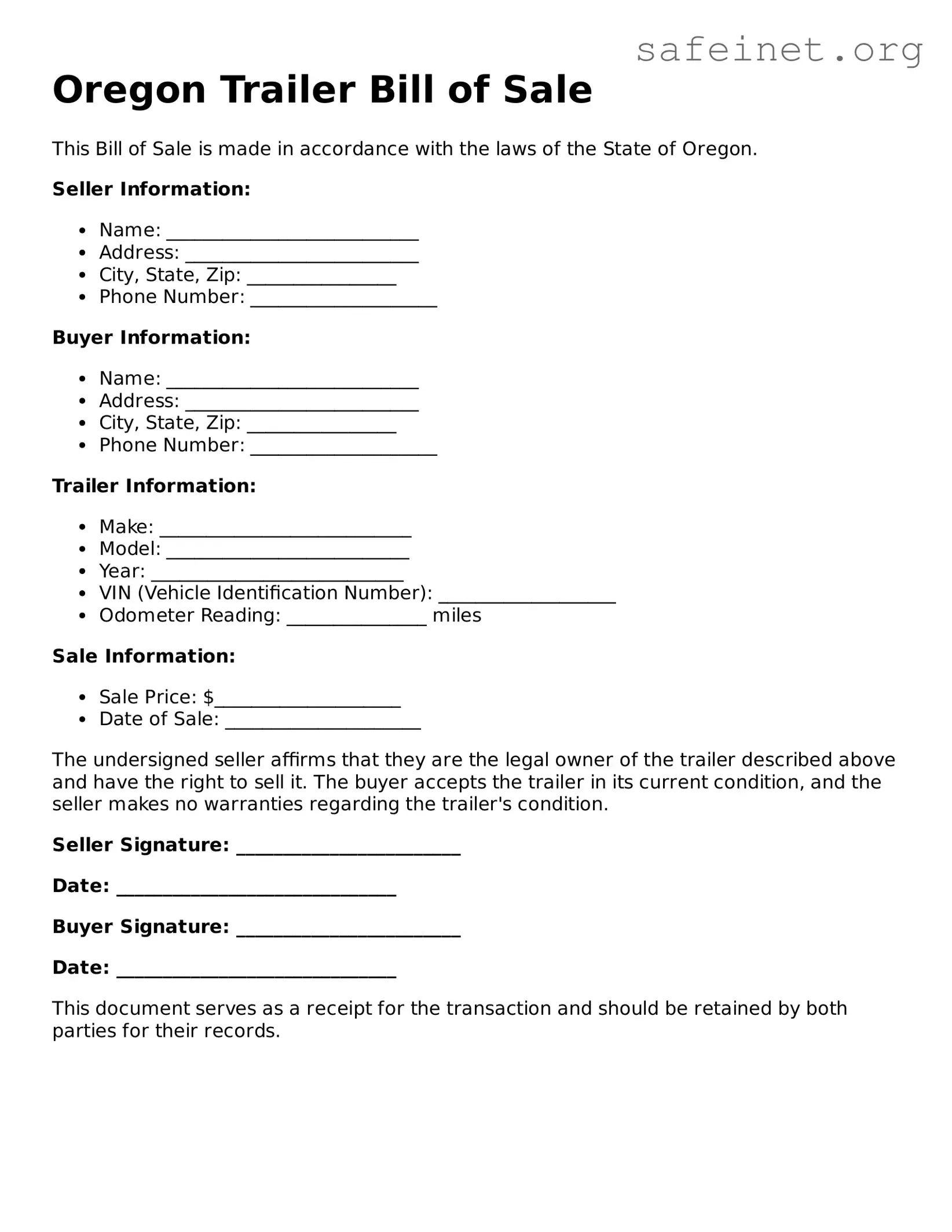 Valid Trailer Bill of Sale Template for the State of Oregon