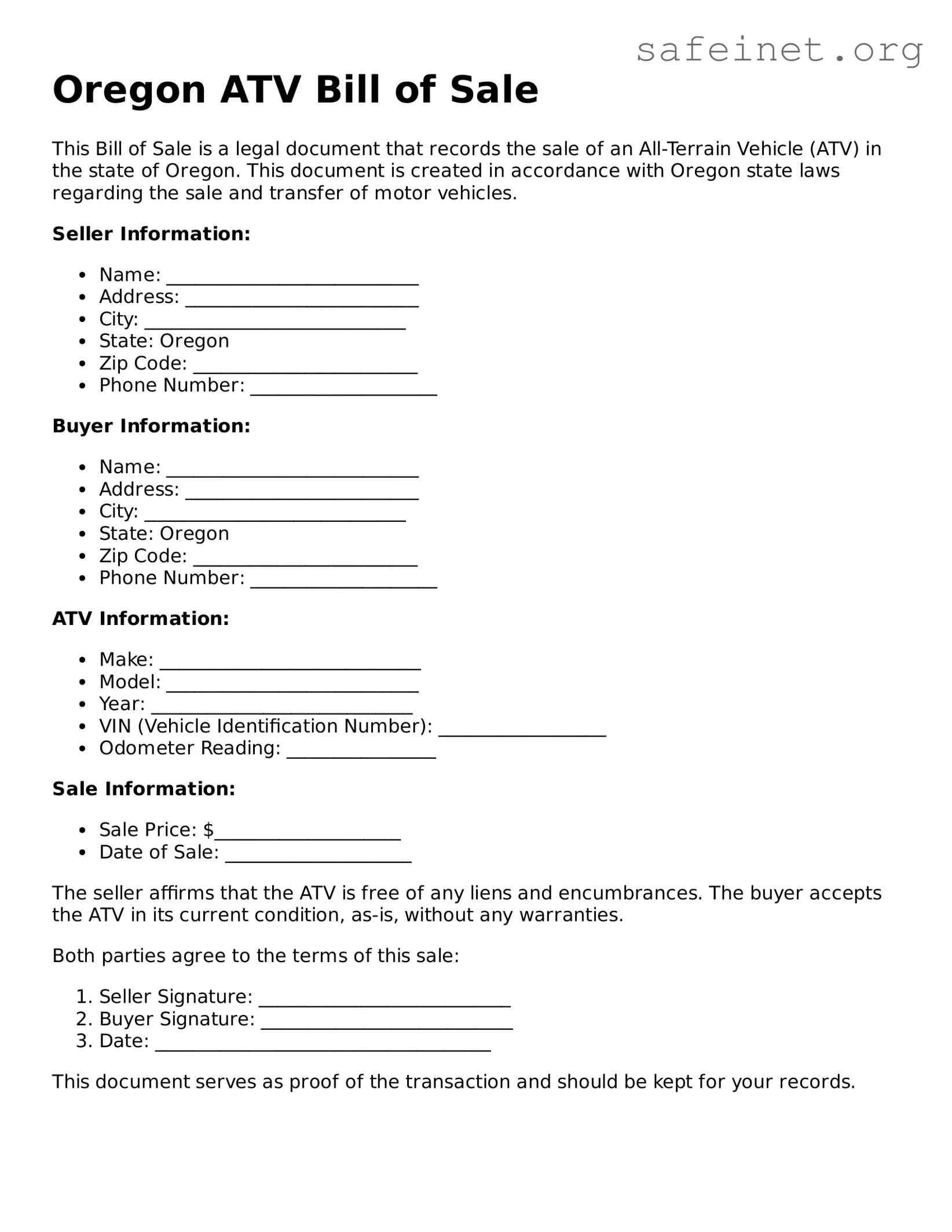 Valid ATV Bill of Sale Template for the State of Oregon