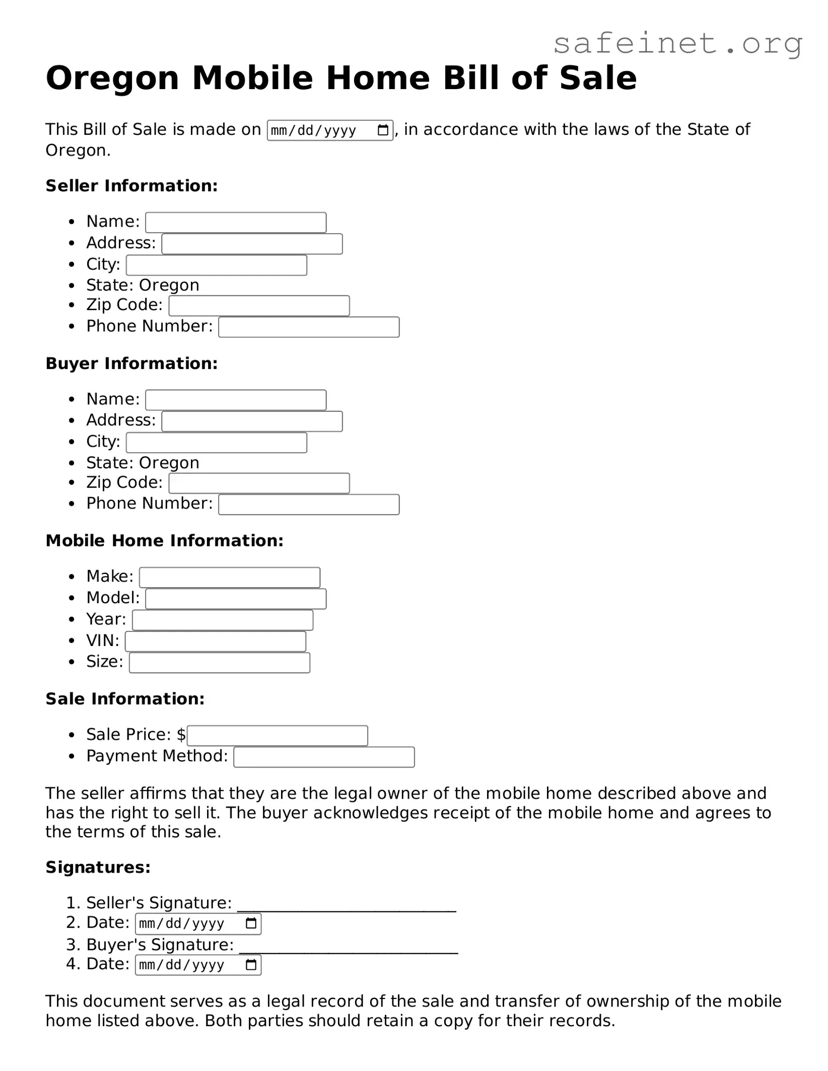 Valid Mobile Home Bill of Sale Template for the State of Oregon