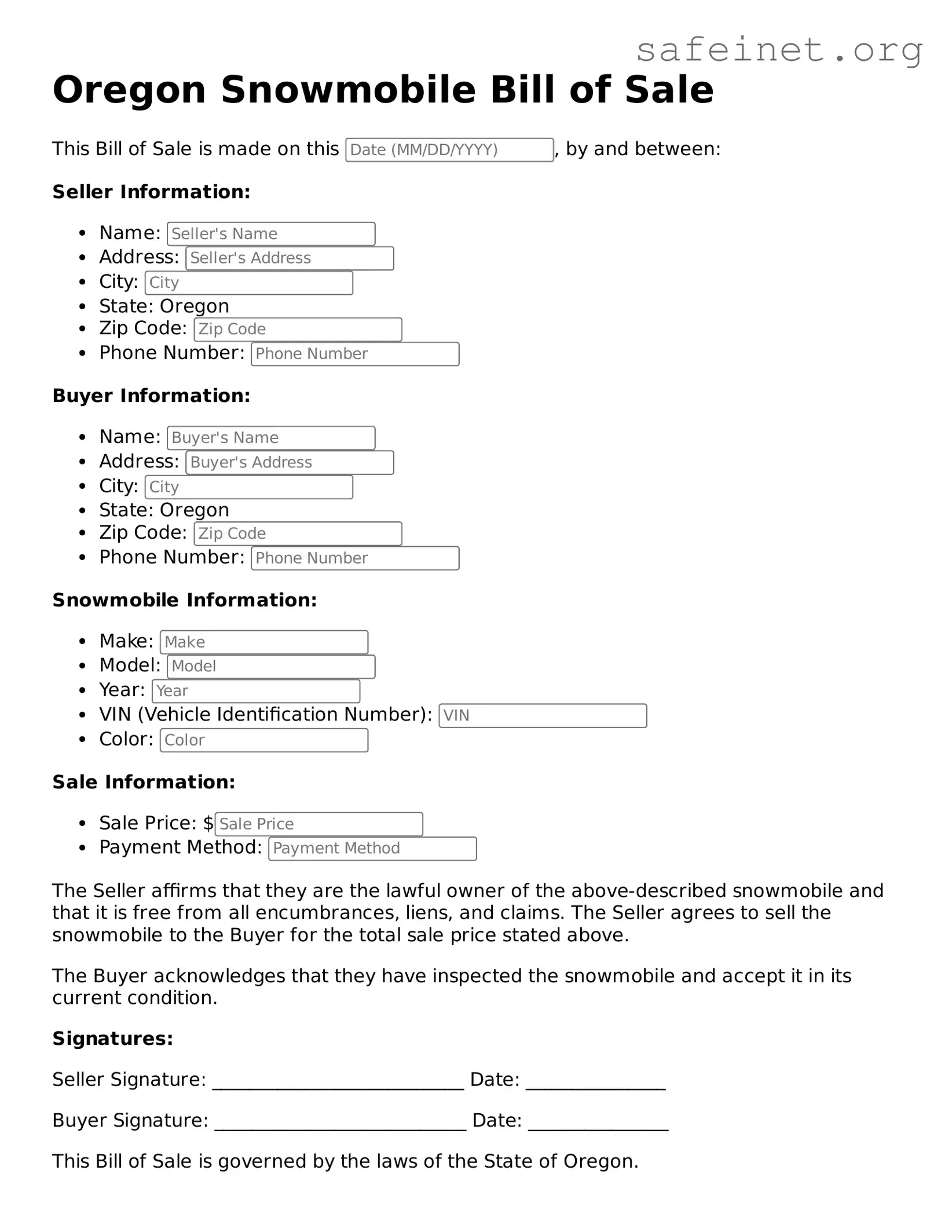 Valid Snowmobile Bill of Sale Template for the State of Oregon