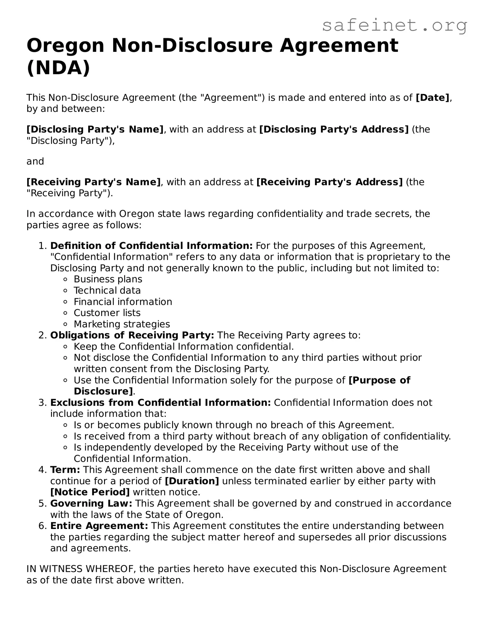 Valid Non-disclosure Agreement Template for the State of Oregon