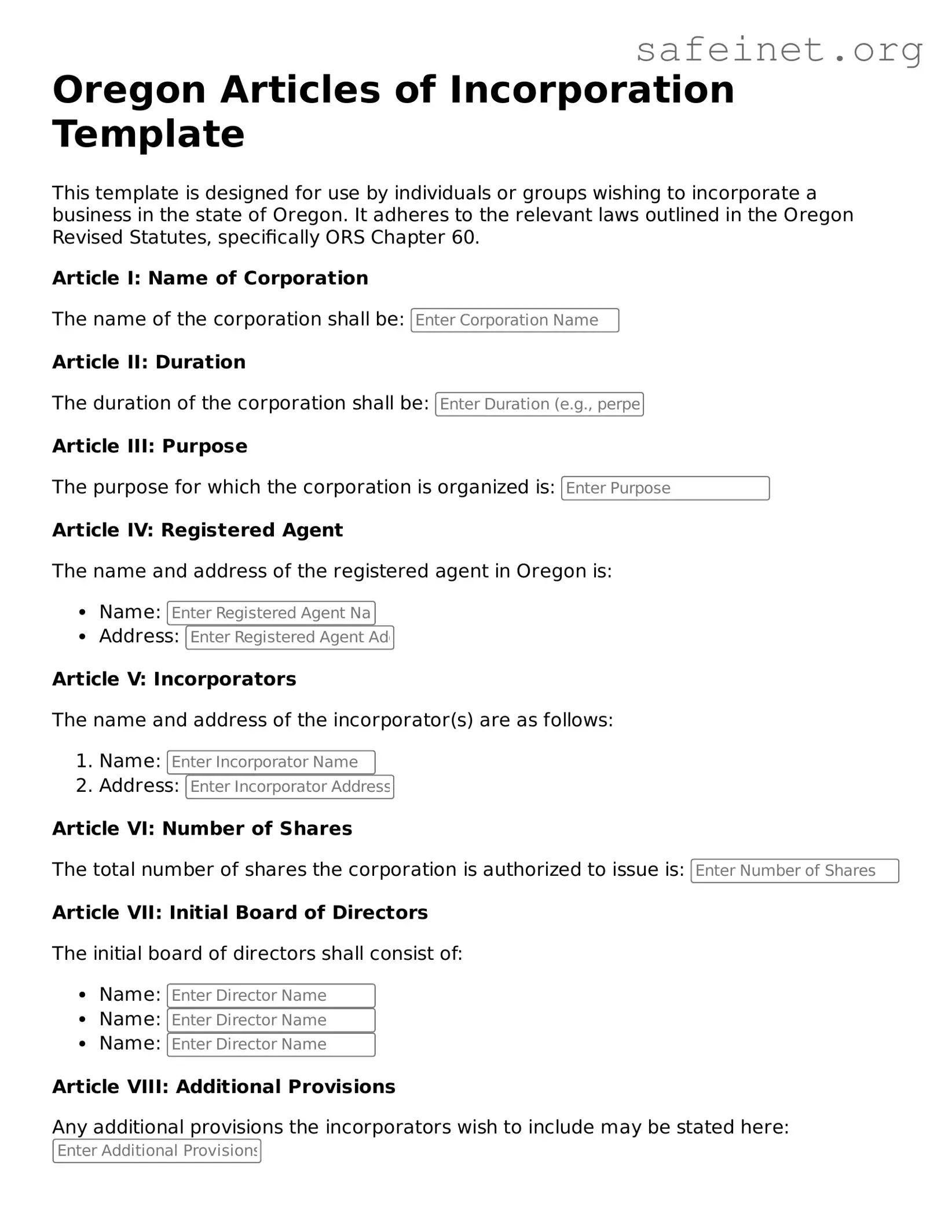 Valid Articles of Incorporation Template for the State of Oregon