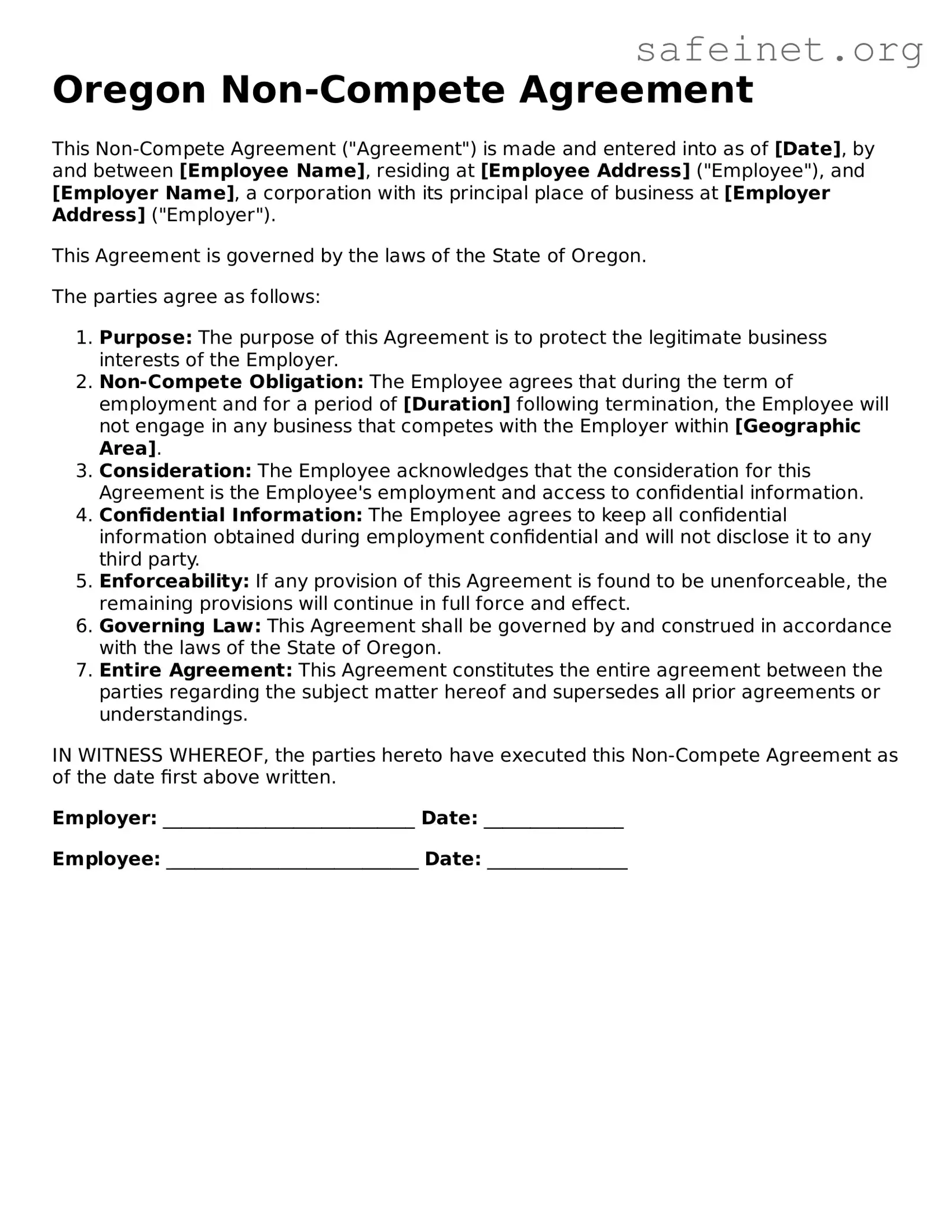 Valid Non-compete Agreement Template for the State of Oregon