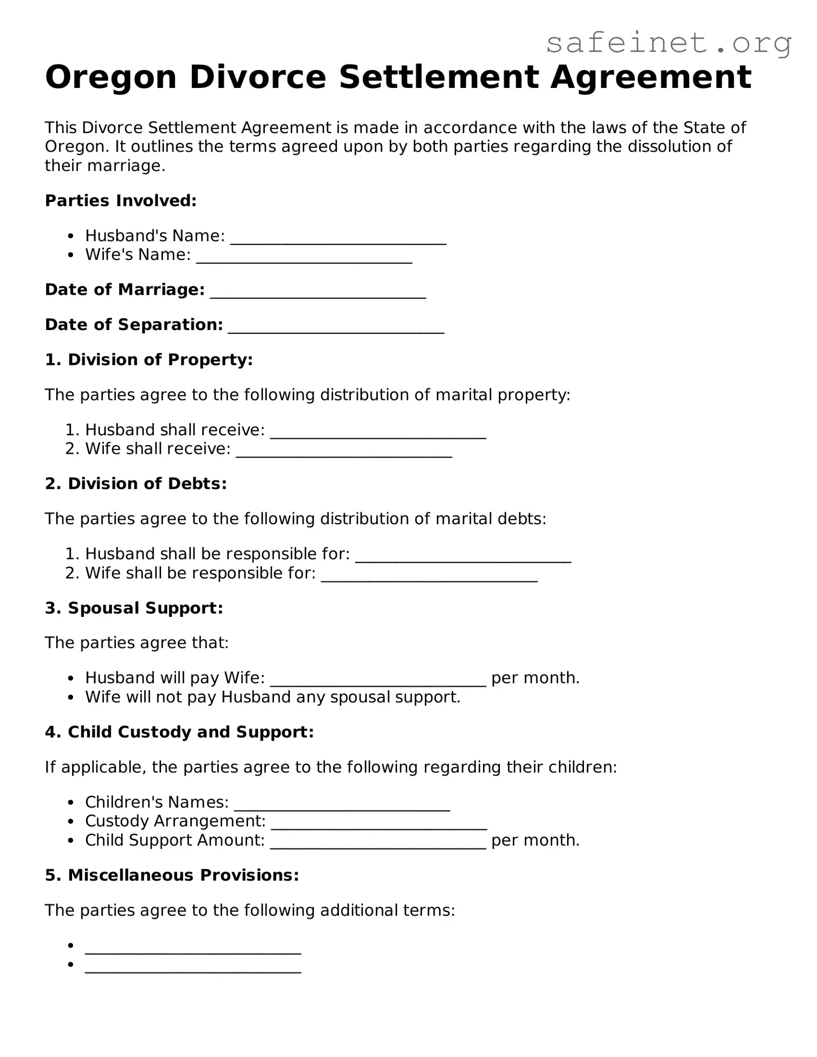 Valid Divorce Settlement Agreement Template for the State of Oregon