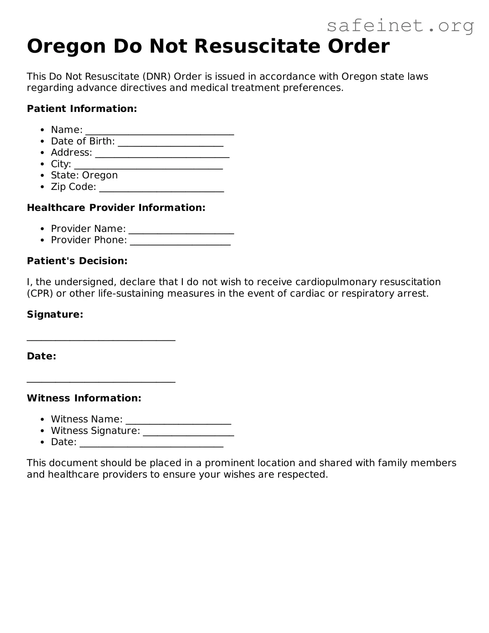Valid Do Not Resuscitate Order Template for the State of Oregon
