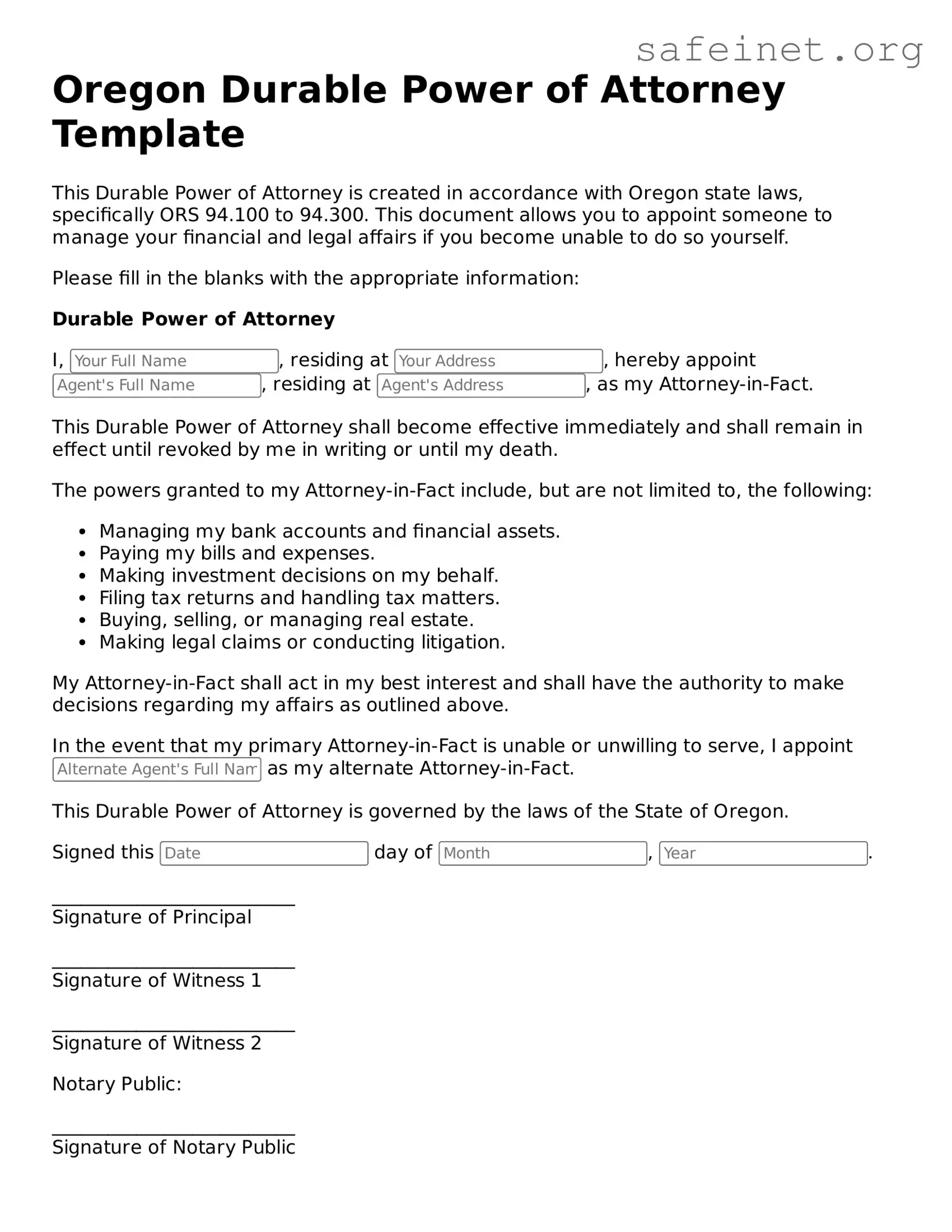 Valid Durable Power of Attorney Template for the State of Oregon