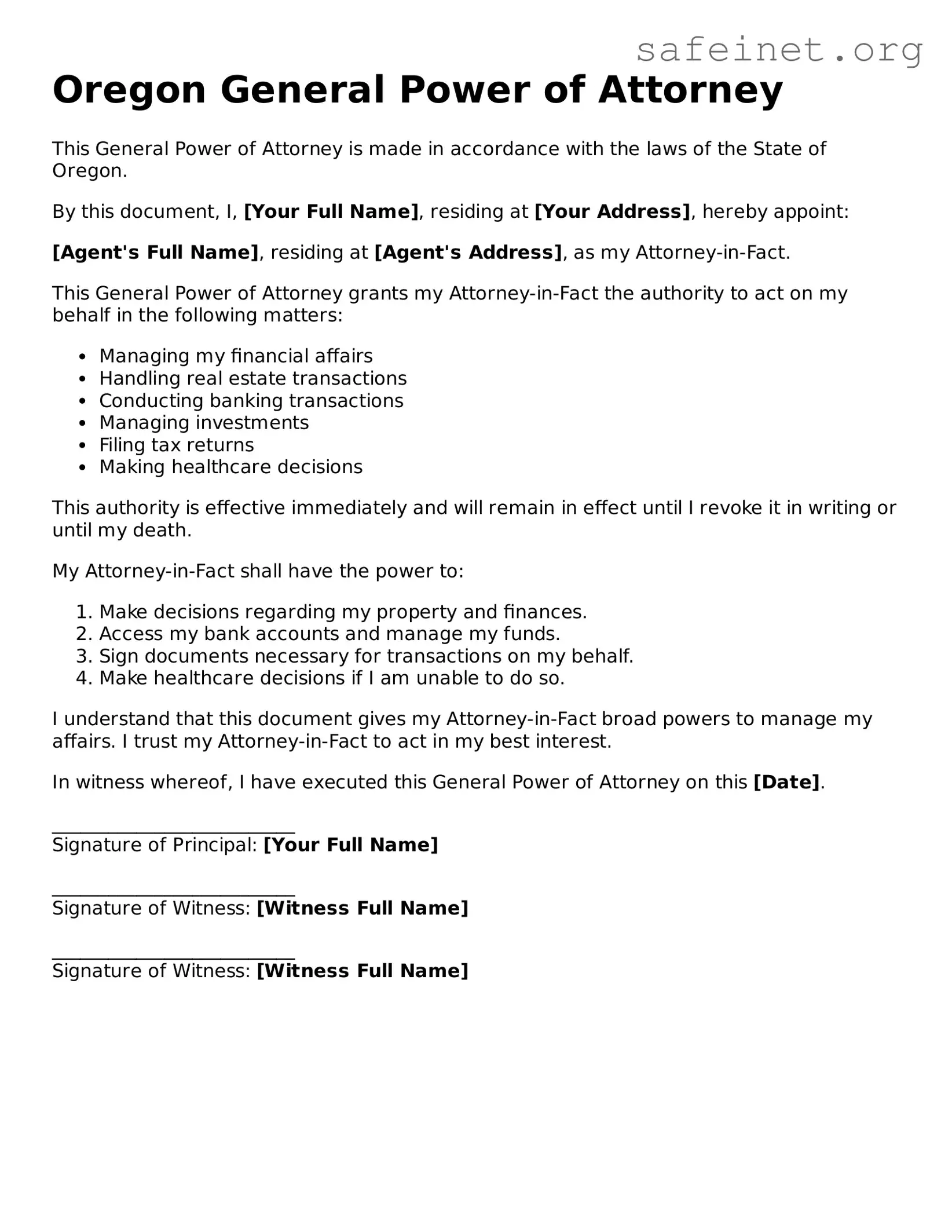 Valid General Power of Attorney Template for the State of Oregon