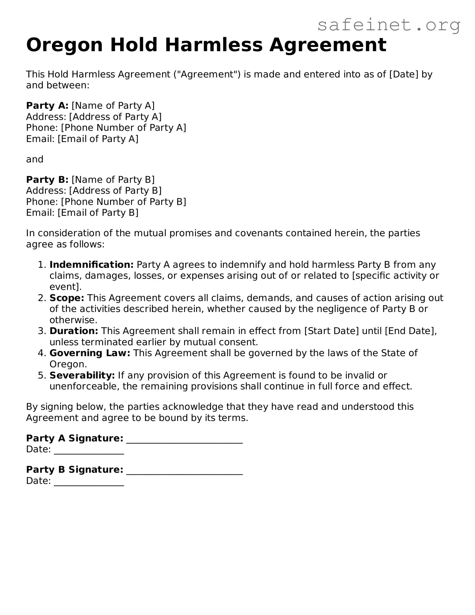 Valid Hold Harmless Agreement Template for the State of Oregon