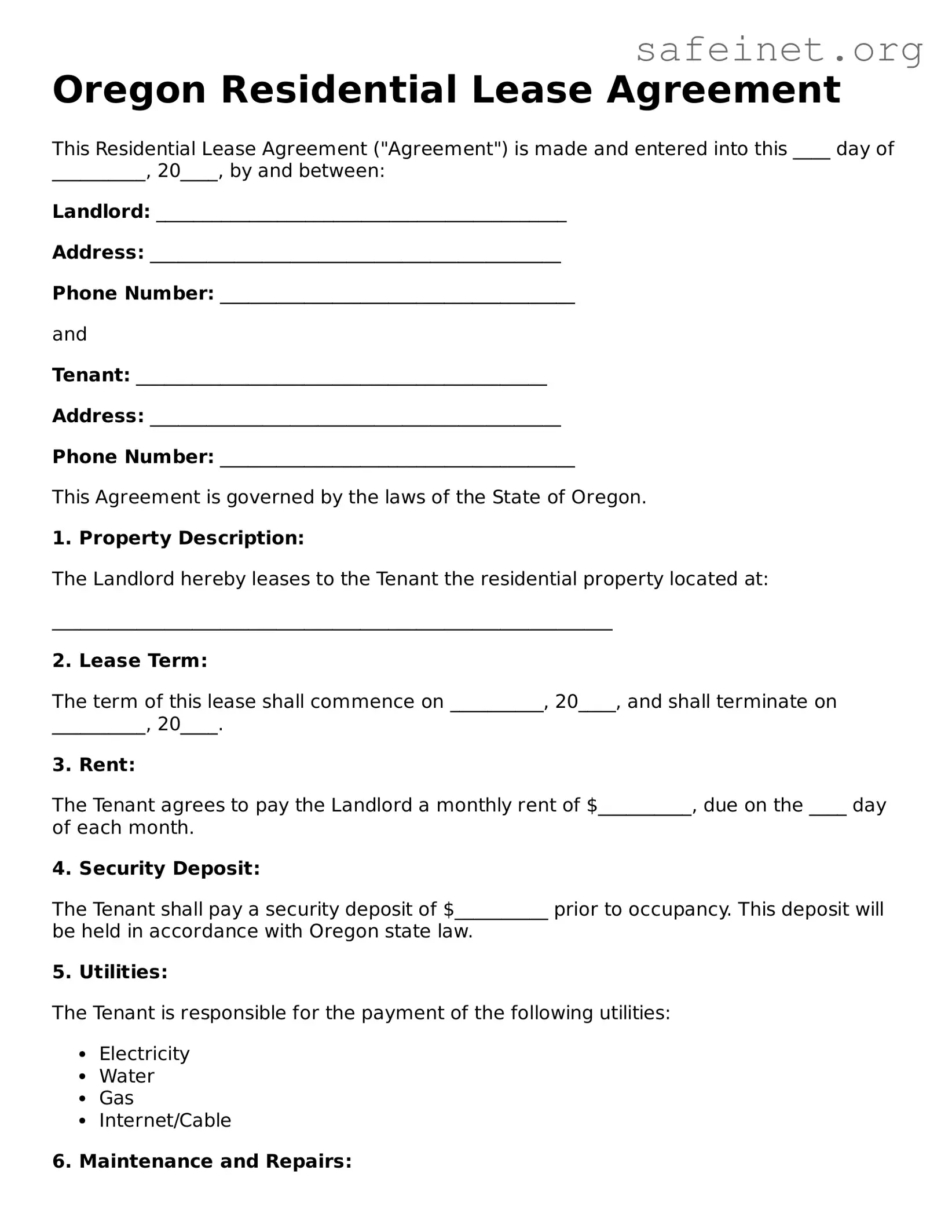 Valid Residential Lease Agreement Template for the State of Oregon
