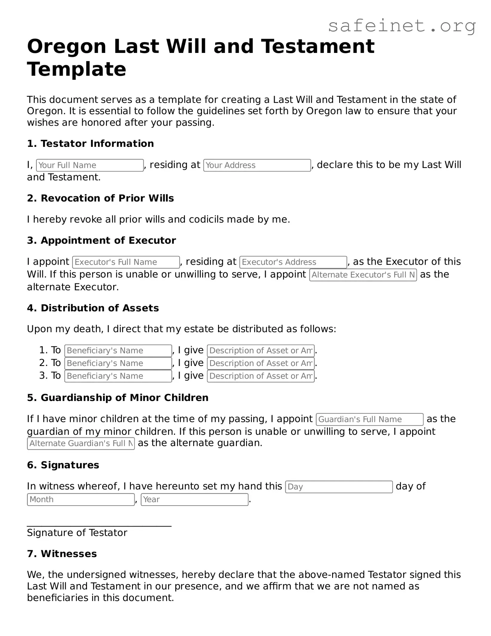 Valid Last Will and Testament Template for the State of Oregon