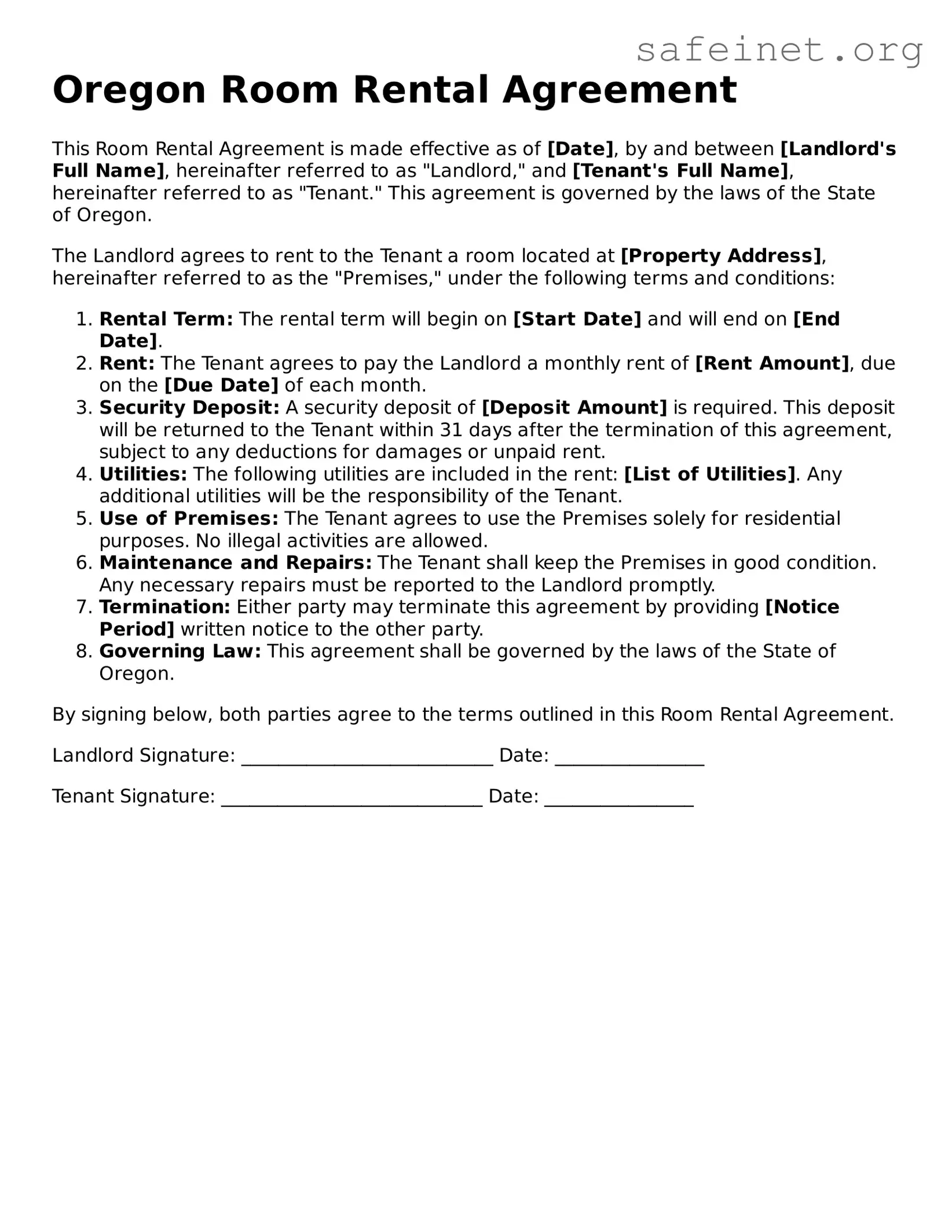 Valid Room Rental Agreement Template for the State of Oregon