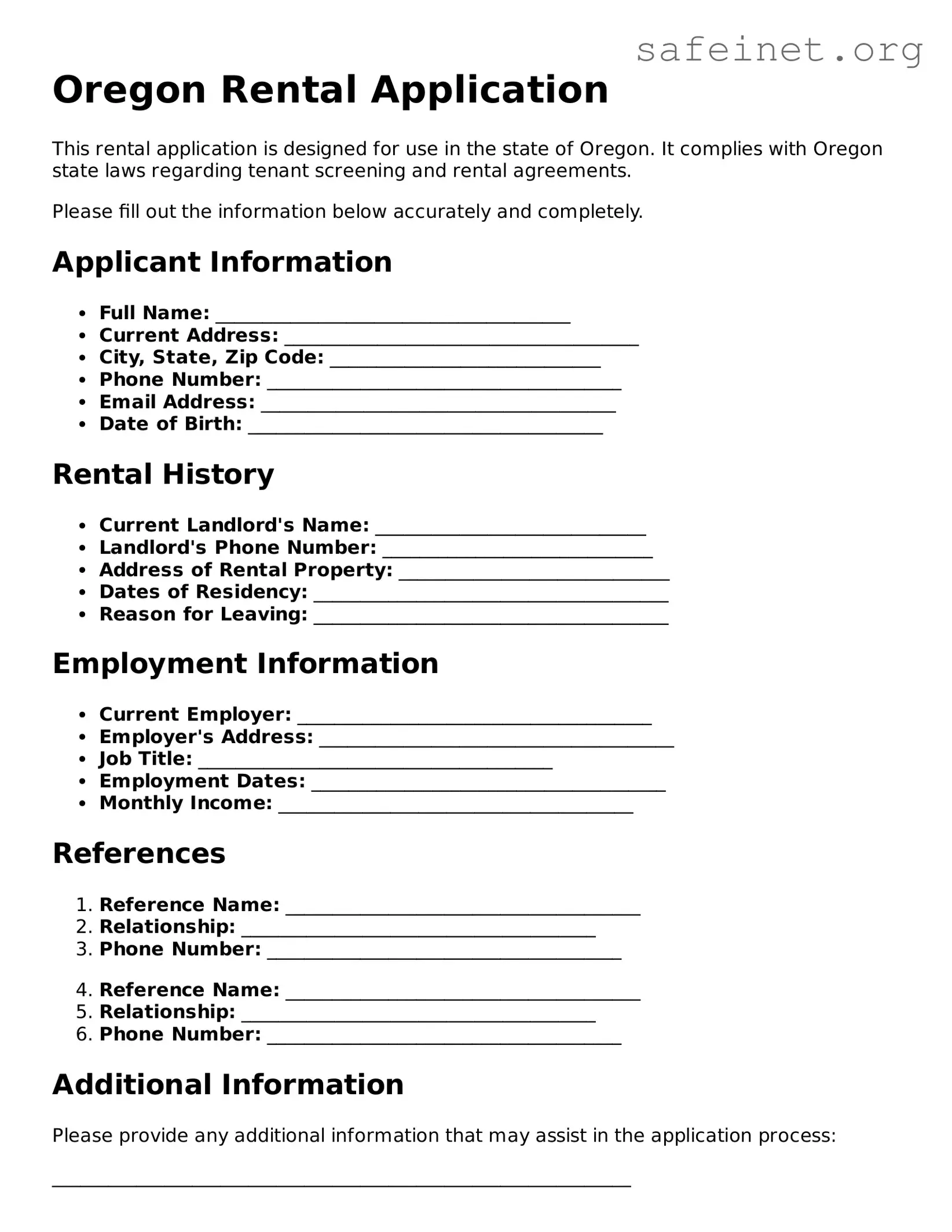 Valid Rental Application Template for the State of Oregon