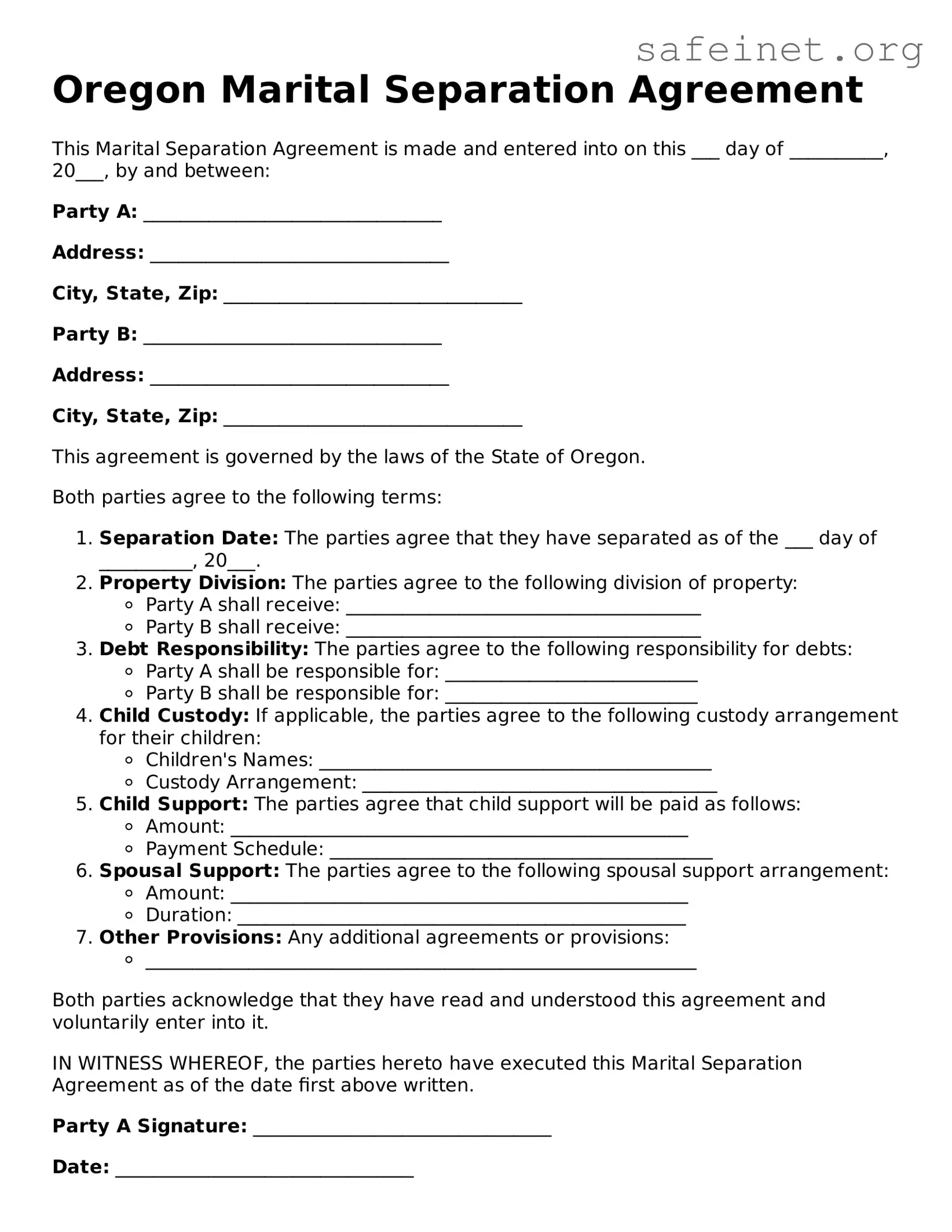 Valid Marital Separation Agreement Template for the State of Oregon