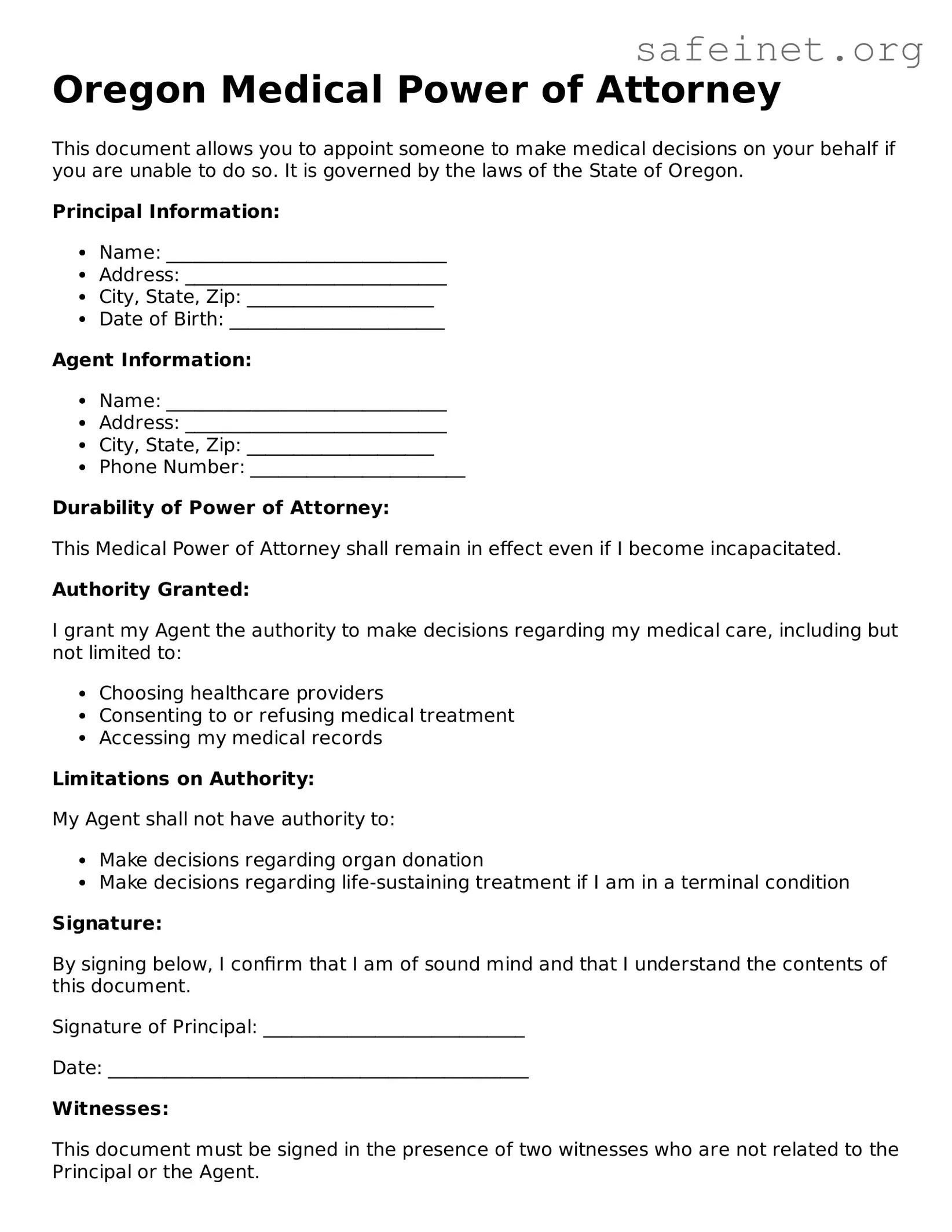 Valid Medical Power of Attorney Template for the State of Oregon