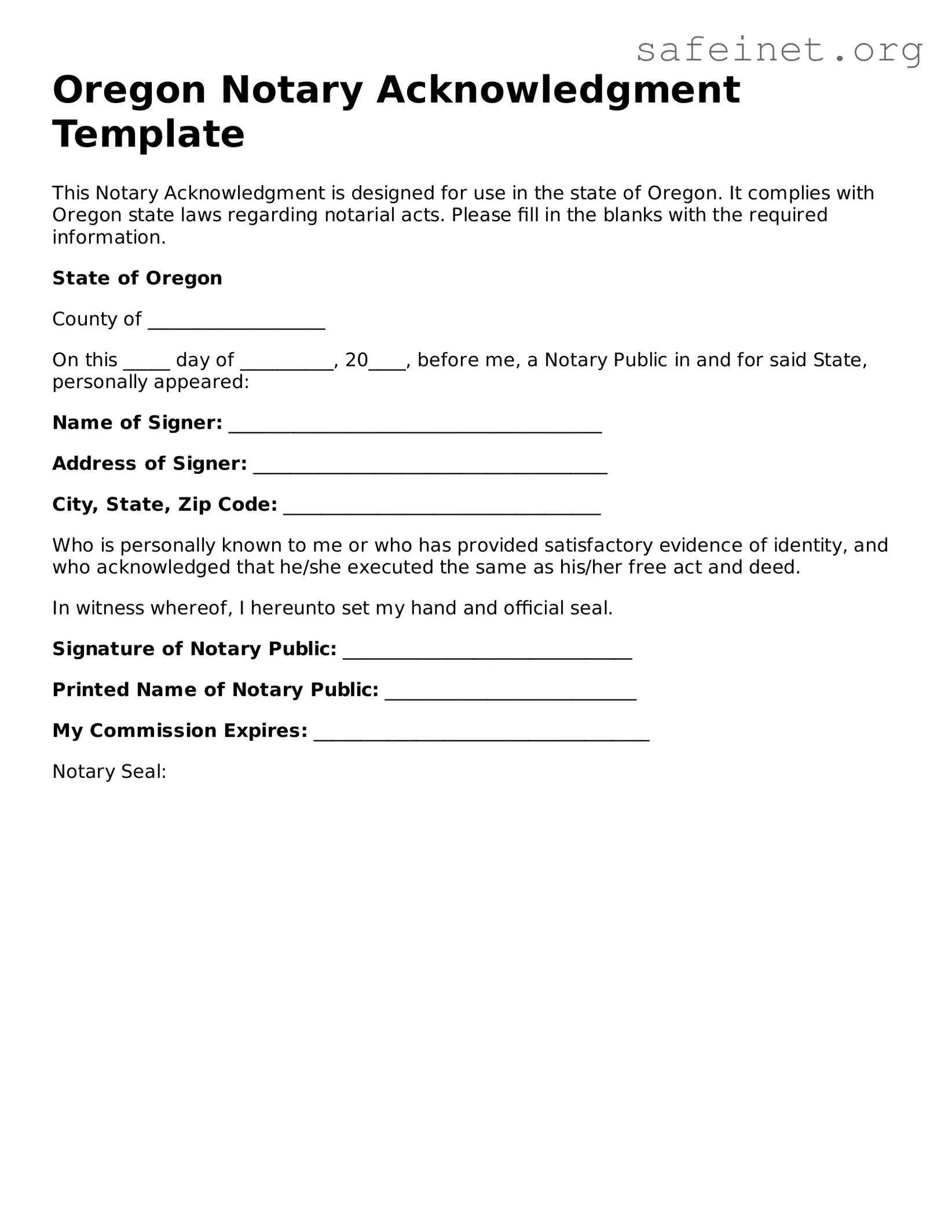 Valid Notary Acknowledgement Template for the State of Oregon