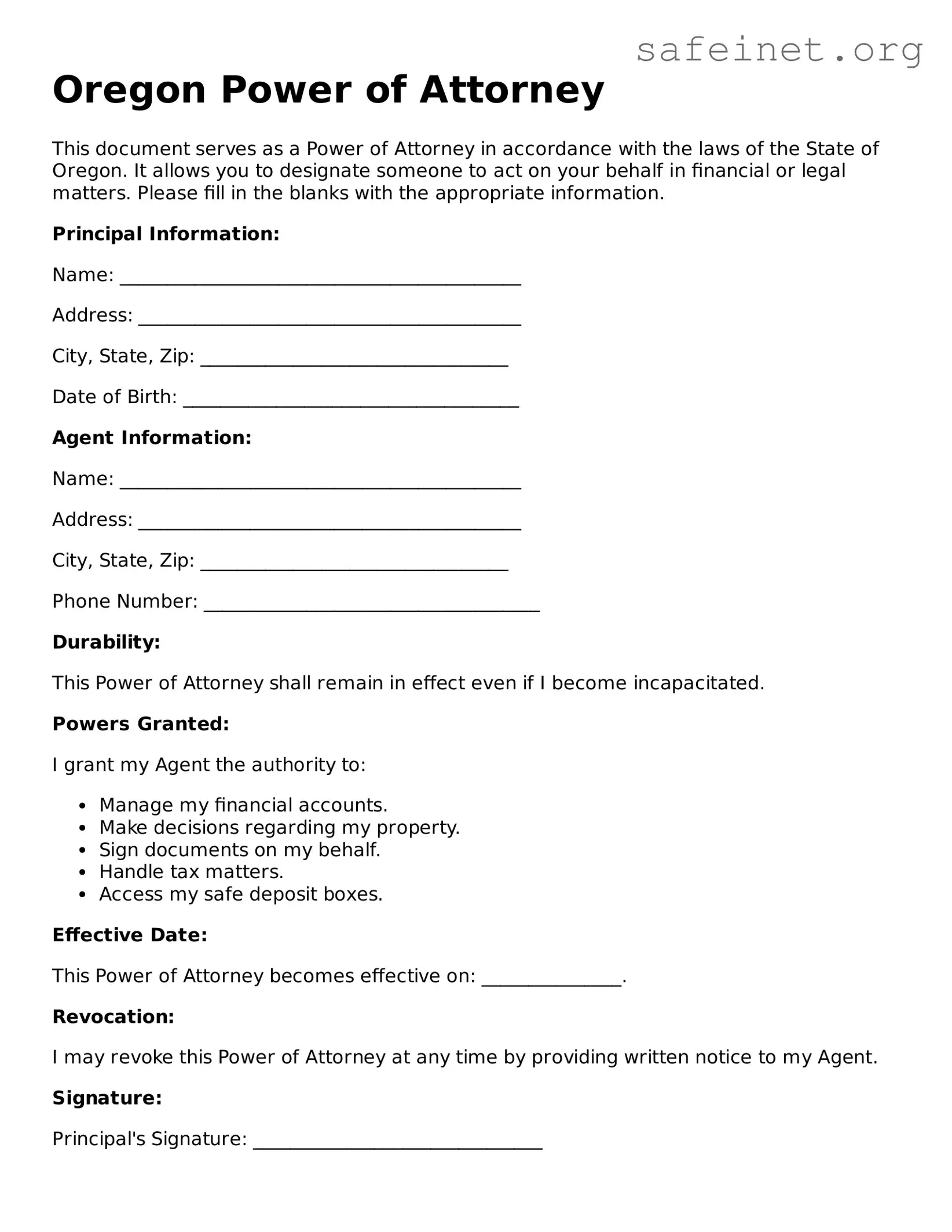 Valid Power of Attorney Template for the State of Oregon
