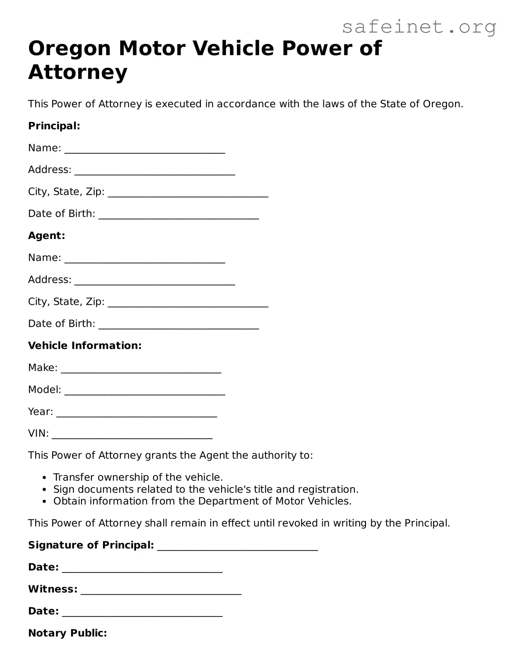 Valid Motor Vehicle Power of Attorney Template for the State of Oregon