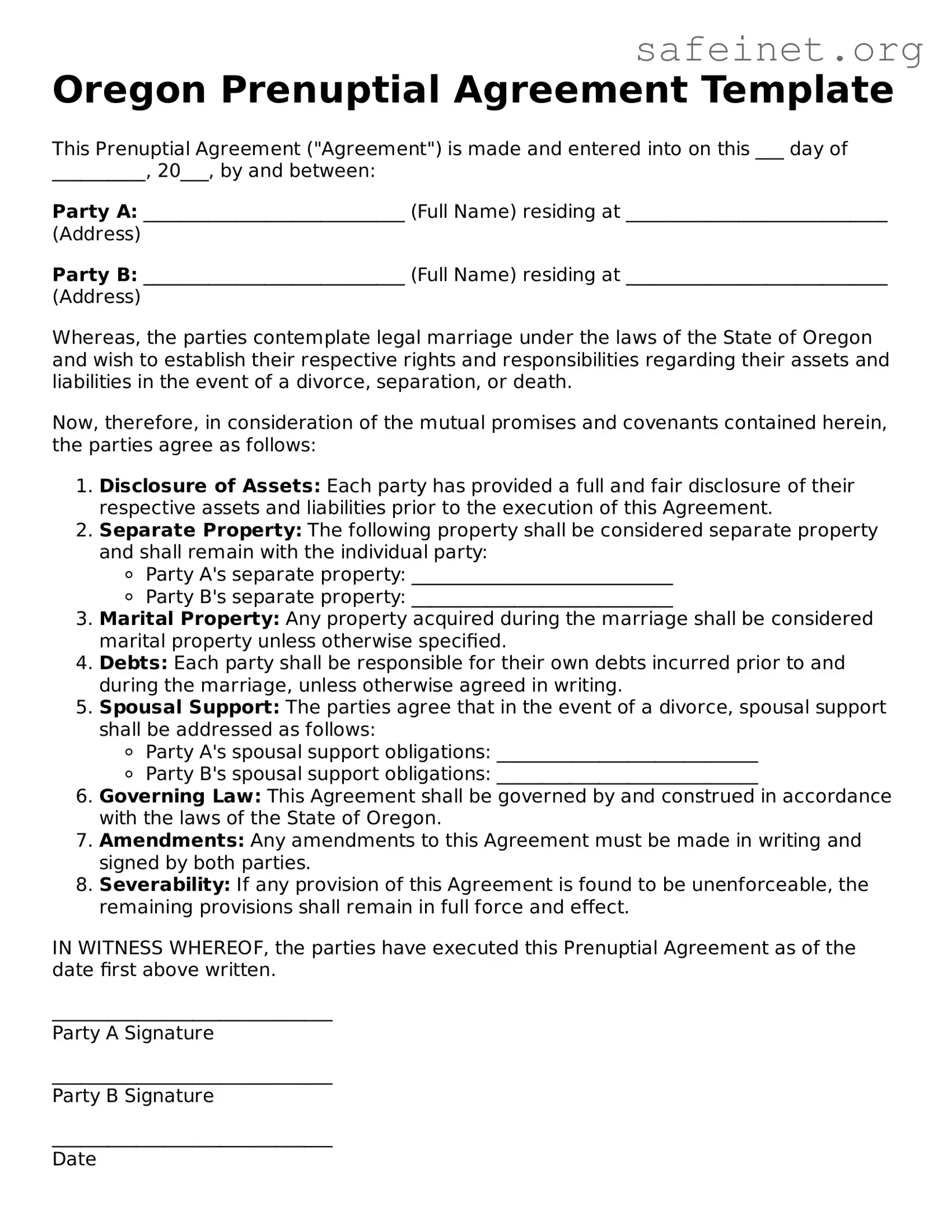 Valid Prenuptial Agreement Template for the State of Oregon