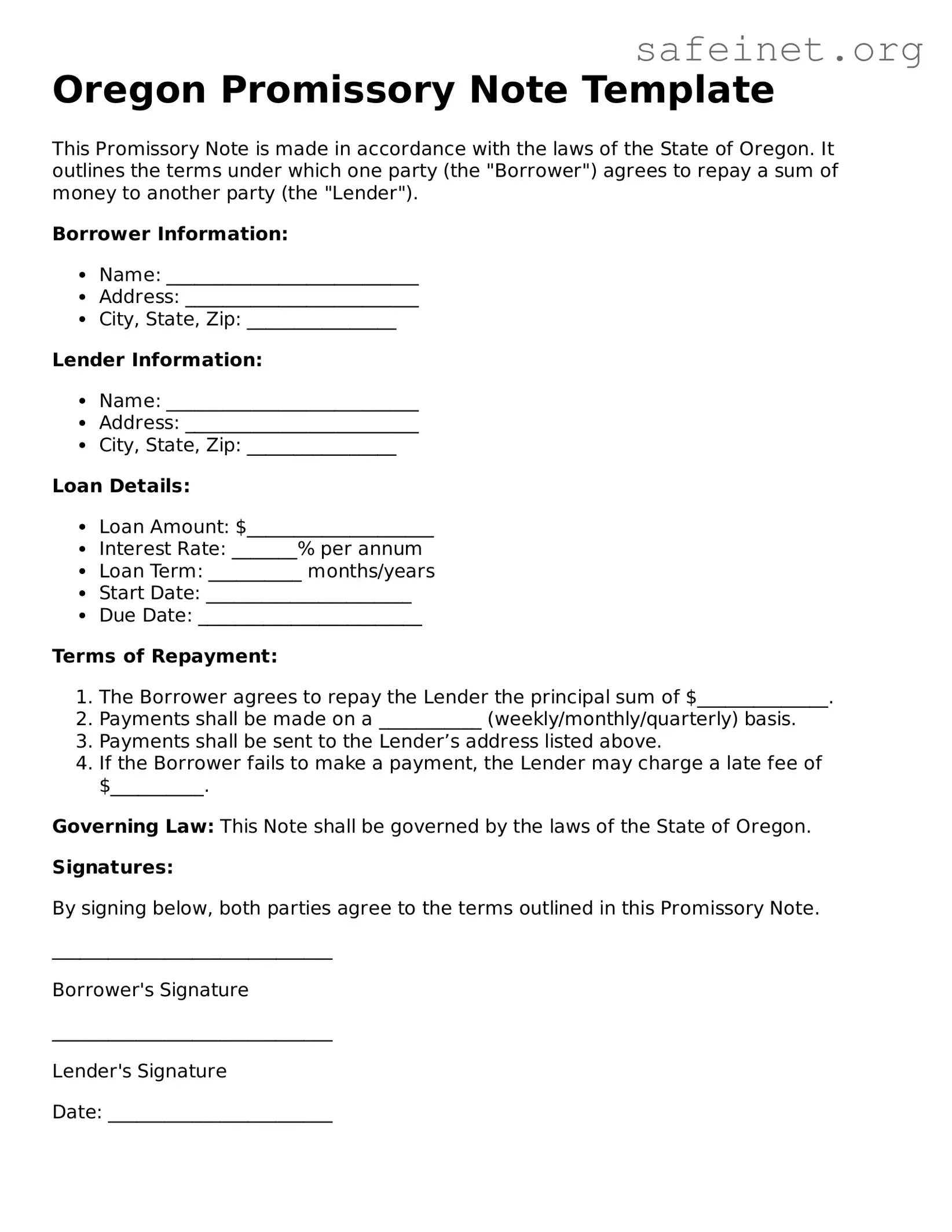 Valid Promissory Note Template for the State of Oregon