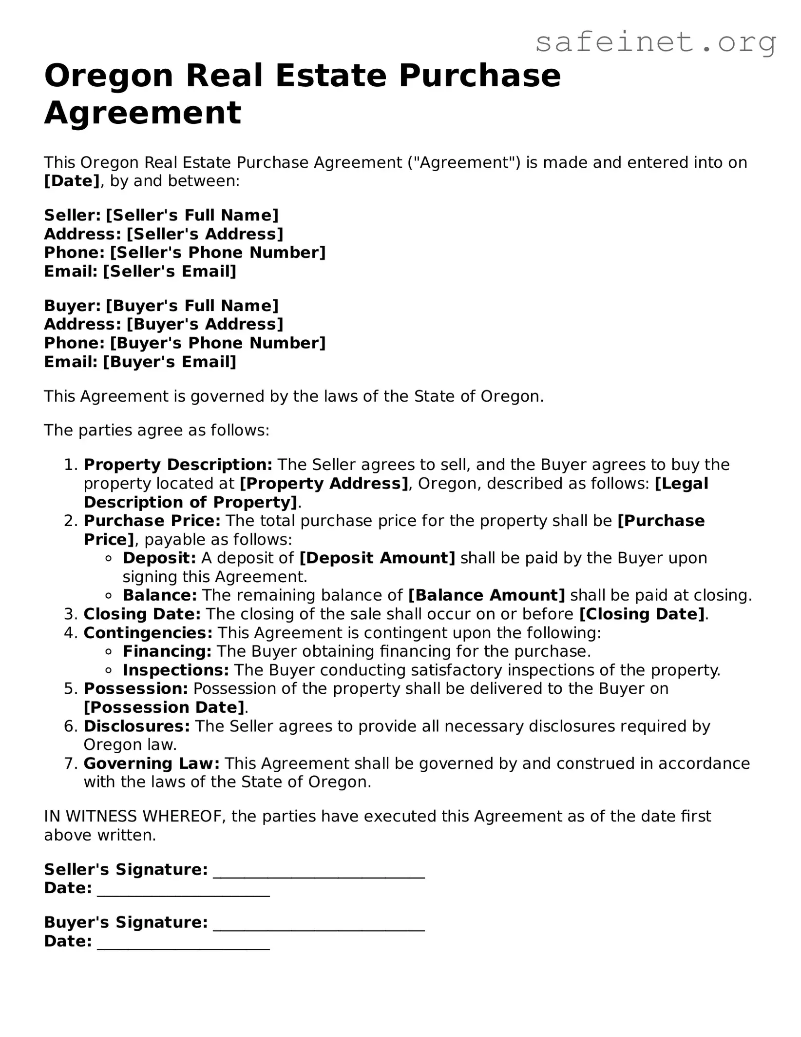 Valid Real Estate Purchase Agreement Template for the State of Oregon