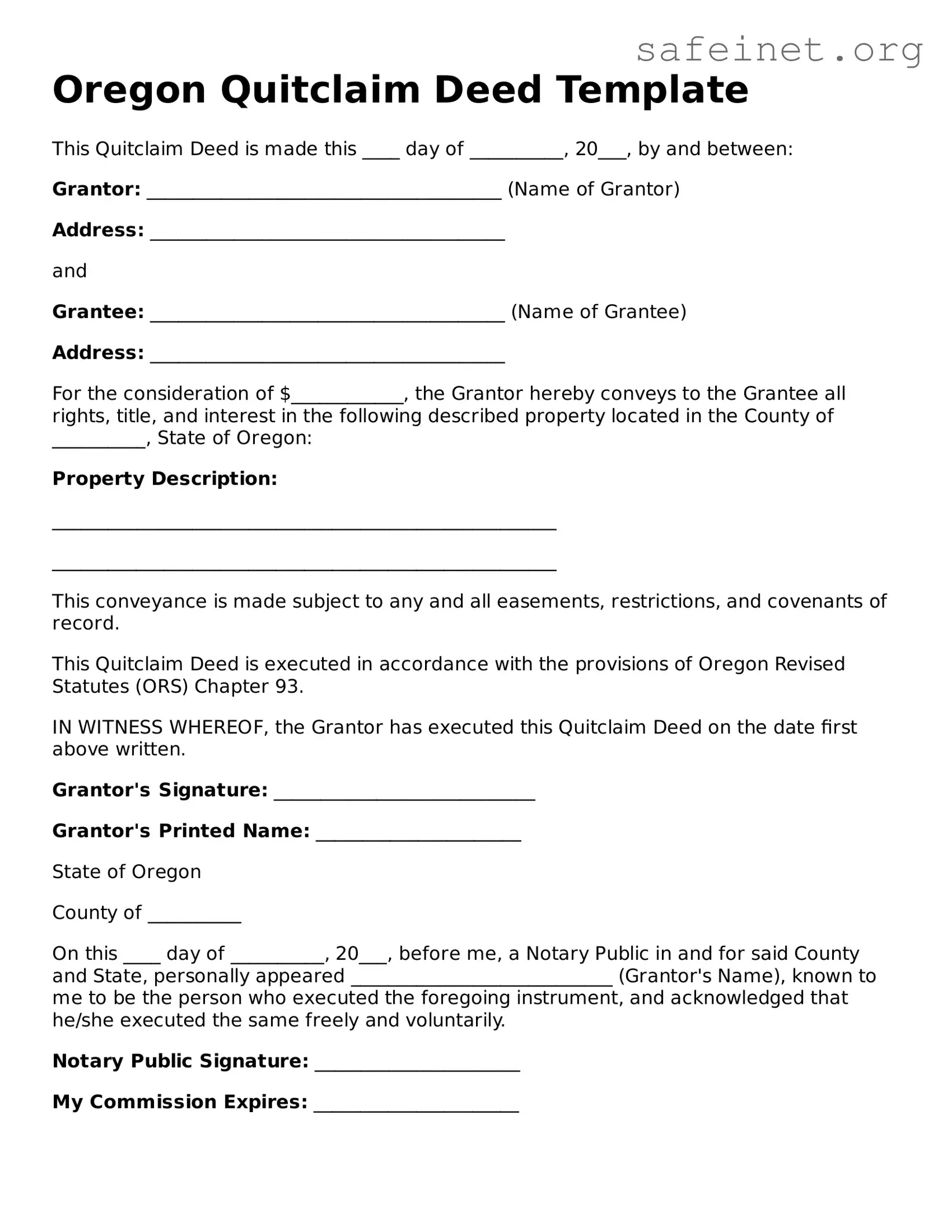 Valid Quitclaim Deed Template for the State of Oregon