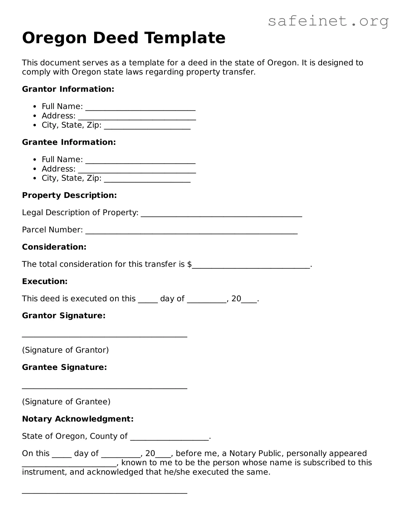 Valid Deed Template for the State of Oregon
