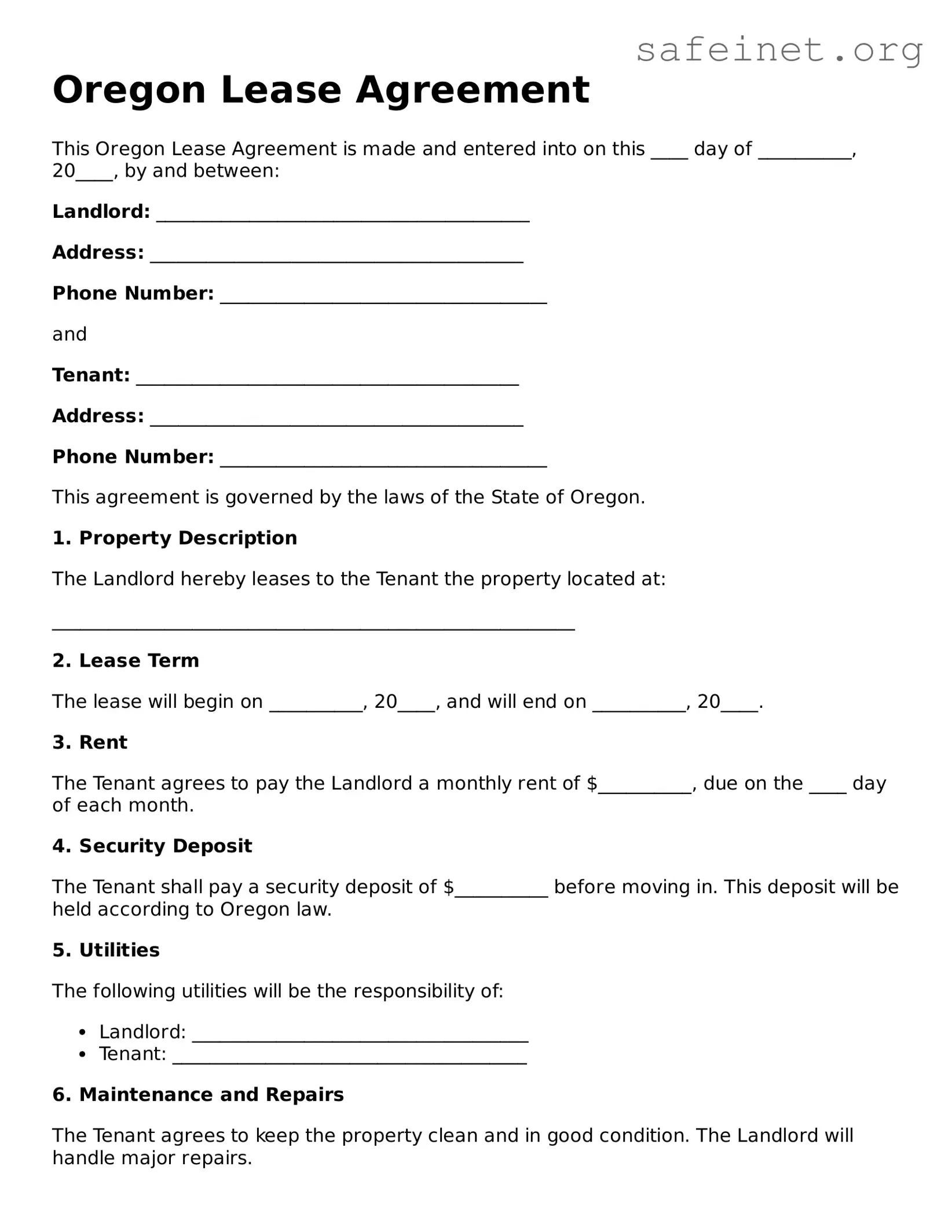 Valid Lease Agreement Template for the State of Oregon