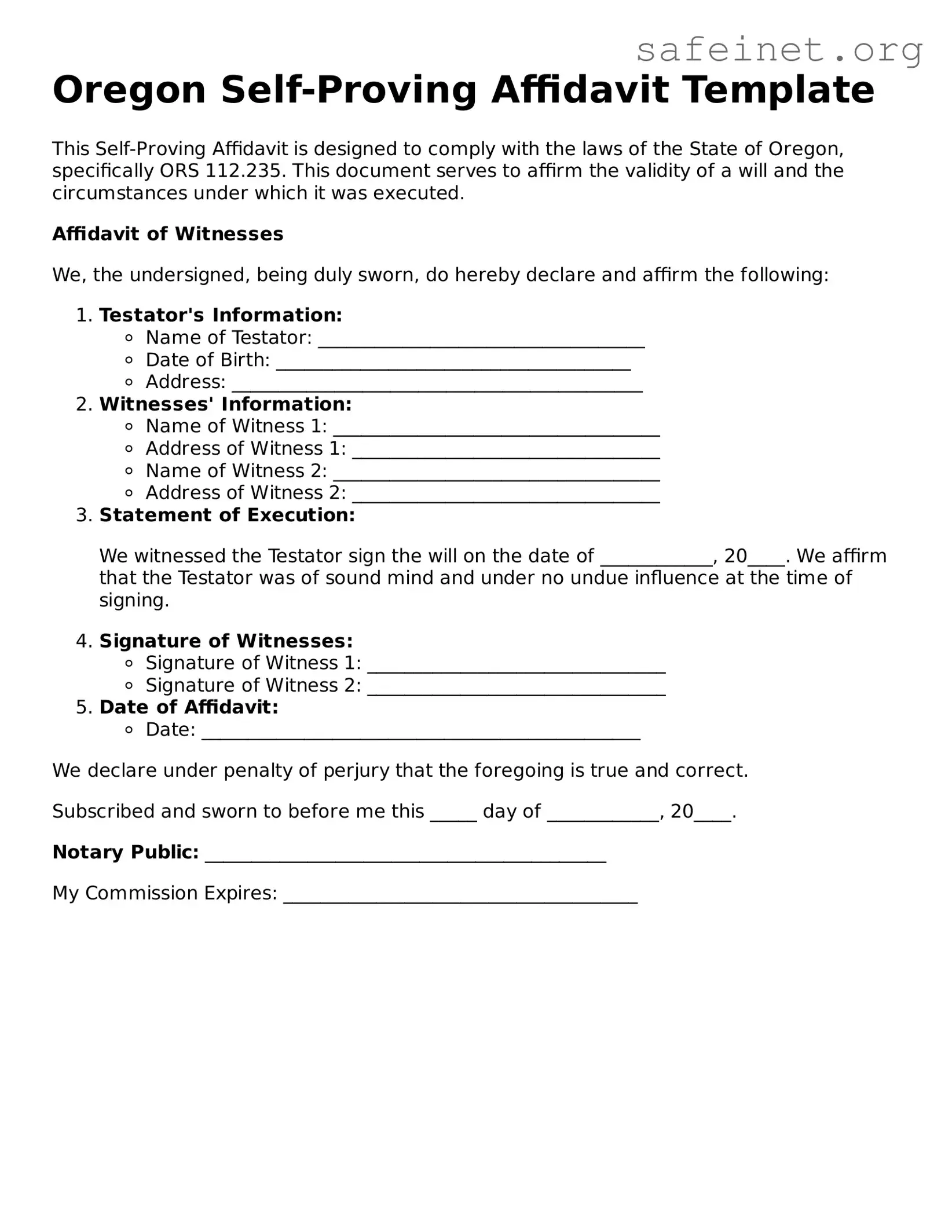 Valid Self-Proving Affidavit Template for the State of Oregon